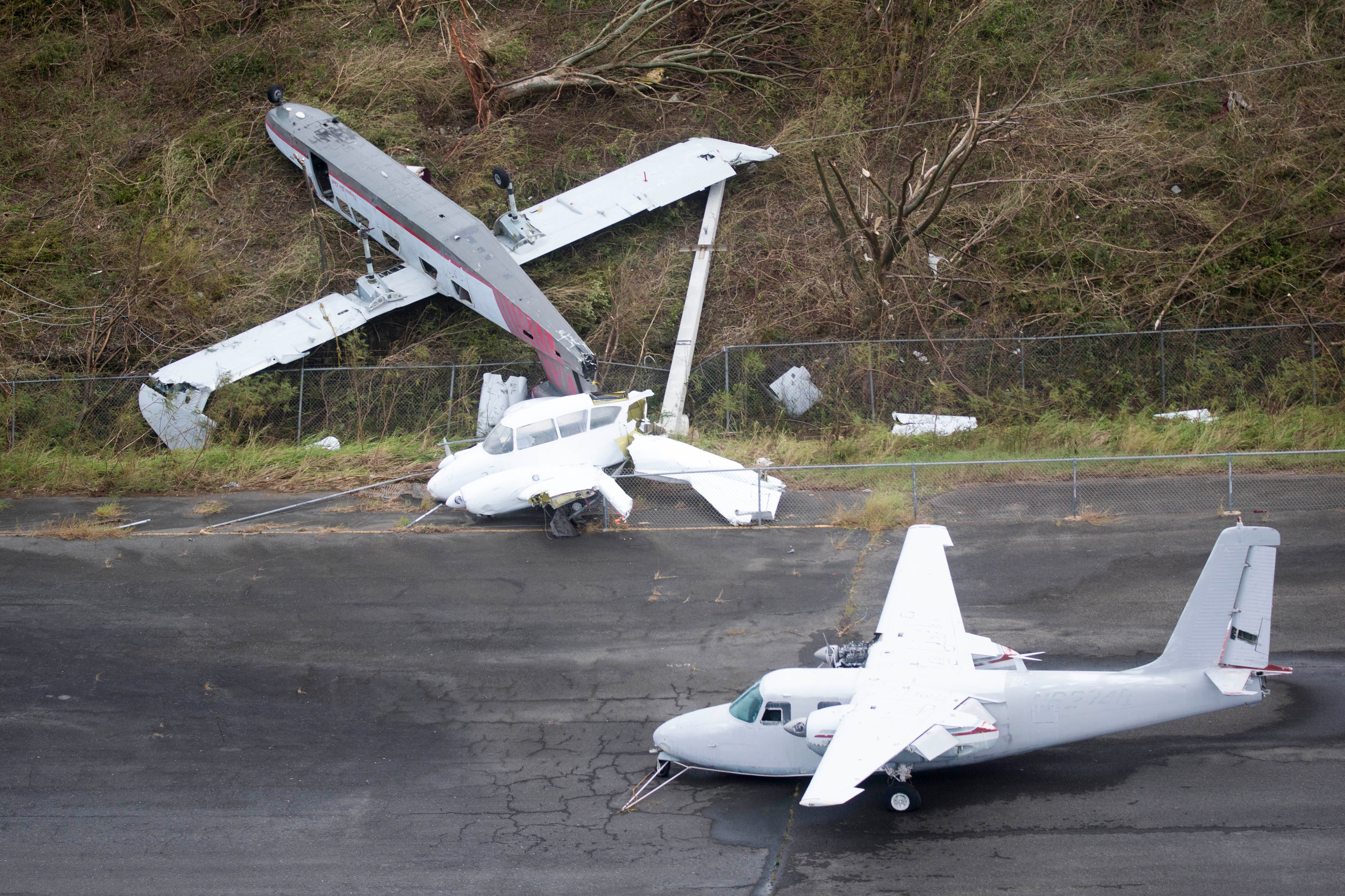 PUERTO RICO  SEPTEMBER 22: Damaged airplanes at Vieques Airport