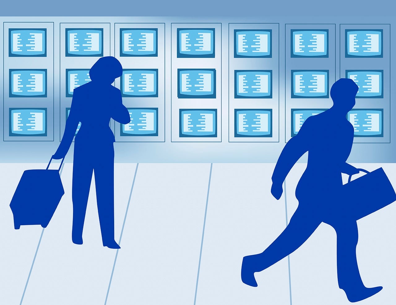 Businesswoman standing in front of arrival departure board and man running to catch plane