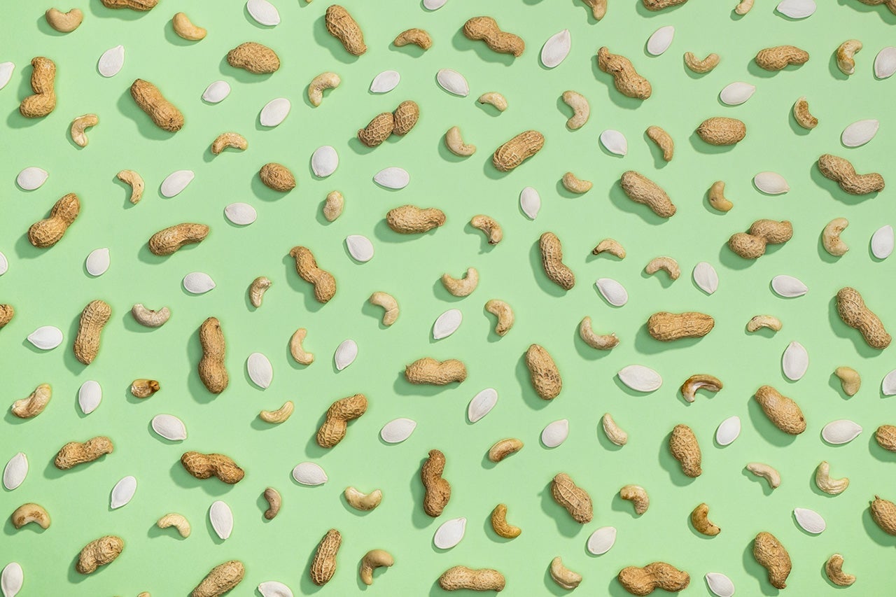 Peanut, pumpkin seeds and cashews flat lay