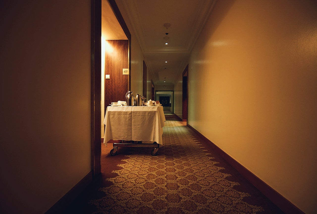 Room service cart in hotel hallway