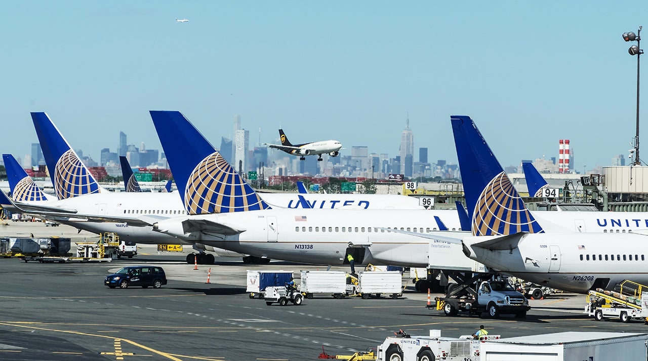 Passenger planes parked at the gates at Newark Liberty International Airport