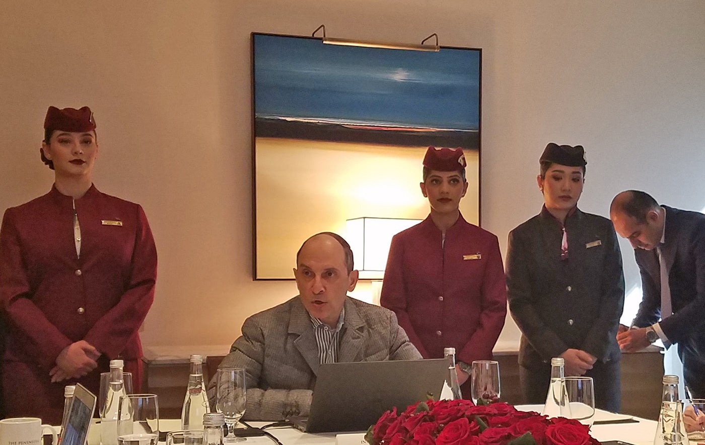 Qatar Airways CEO Akbar al Baker speaking at the Peninsula Hotel in New York, October 18, 2018