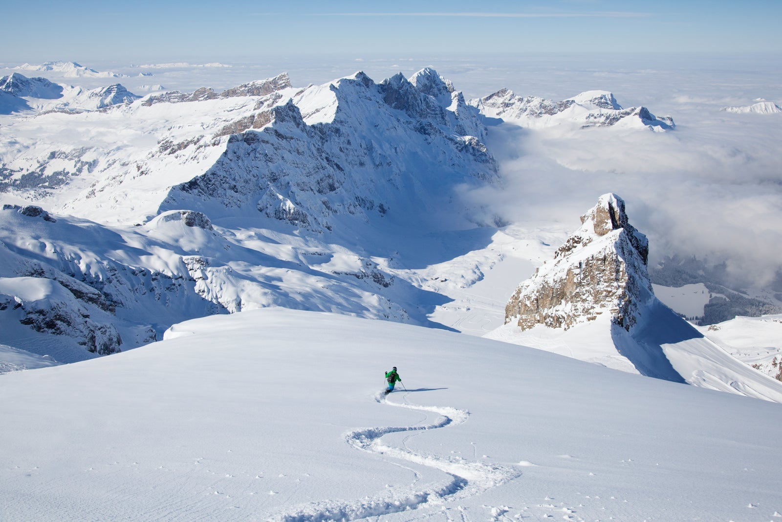 Off-piste skier in powder snow