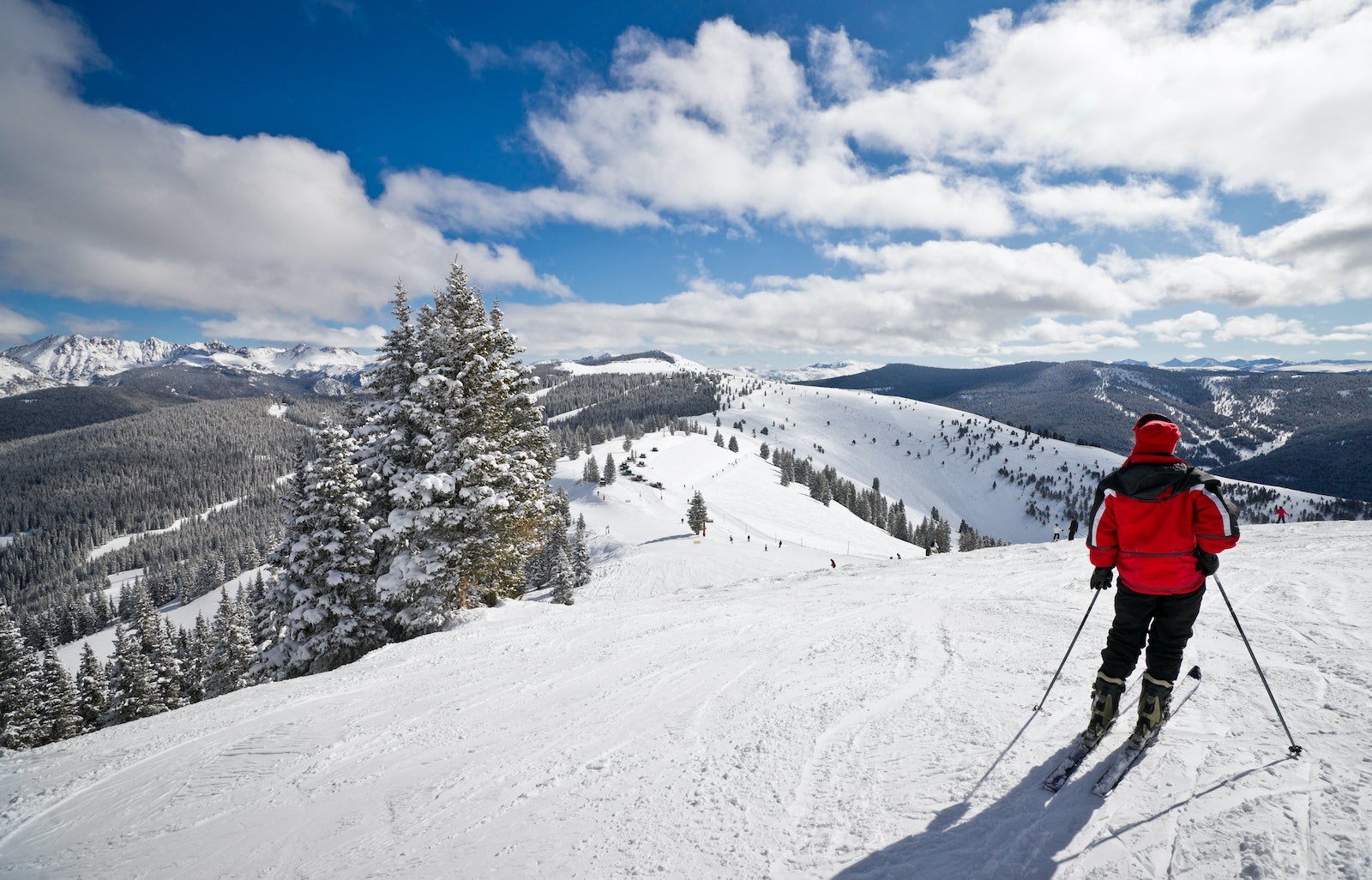 Female Skier Standing with Rocky Mountains in Background