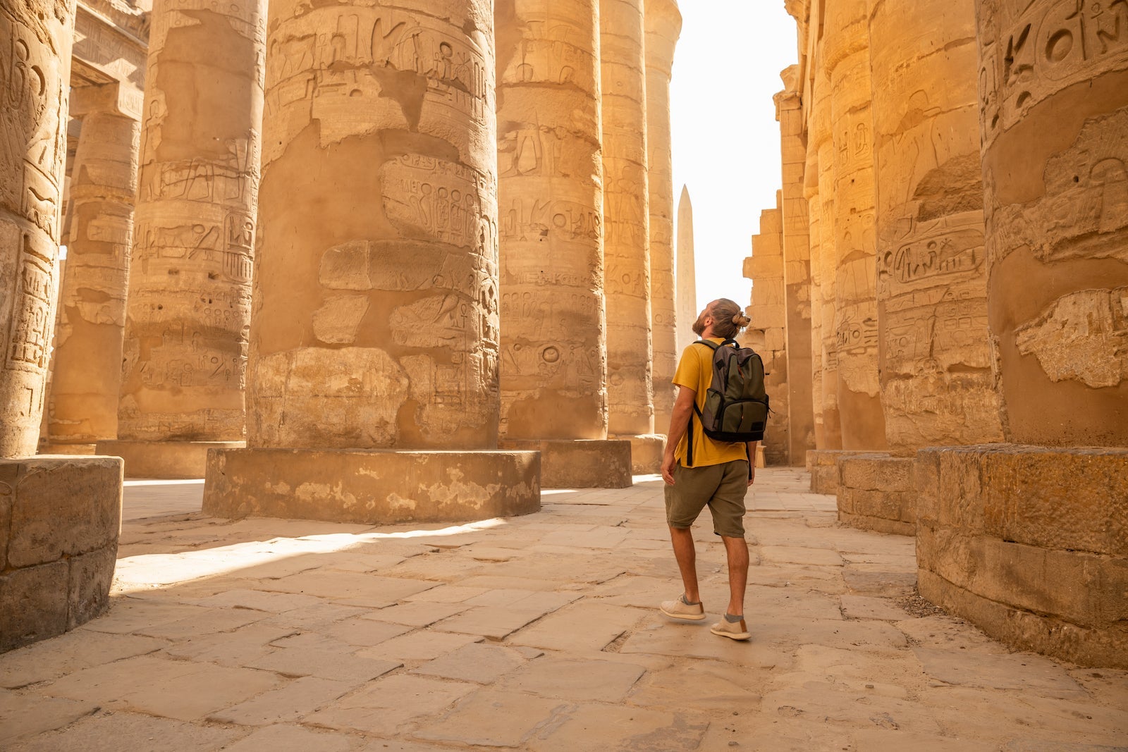 Man contemplates the columns of Karnak Temple in Egypt