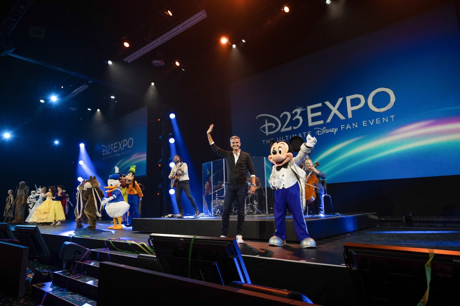 Rey, Chewbacca, Imperial Stormtroopers, Cinderella, Belle, Snow White, Chip, Dale, Donald Duck, Goofy, Josh D'Amaro (2nd from R, Chairman, Disney Parks, Experiences and Products), Mickey Mouse