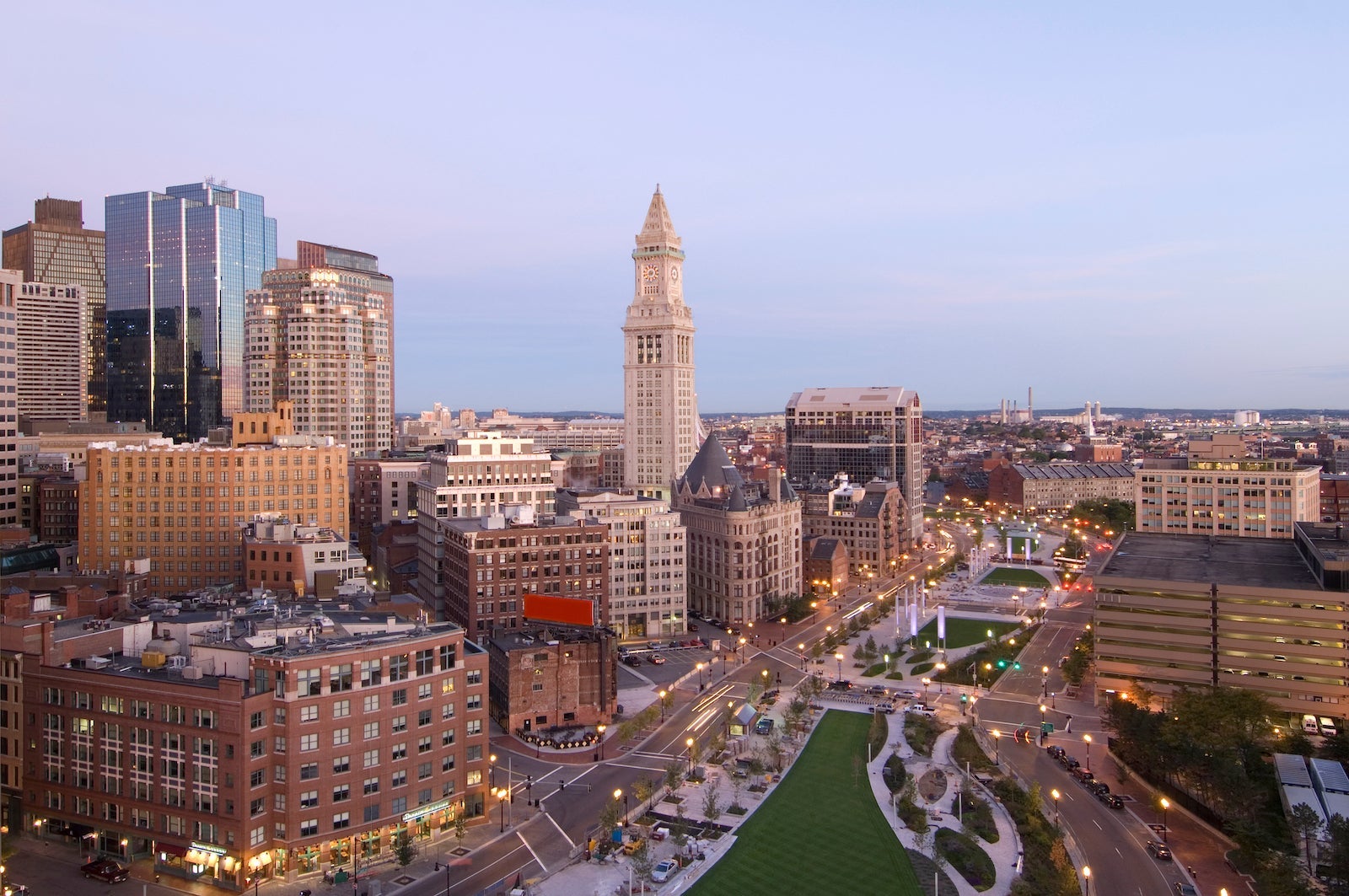 USA, Massachusetts, Boston, skyscrapers and cityscape at dusk