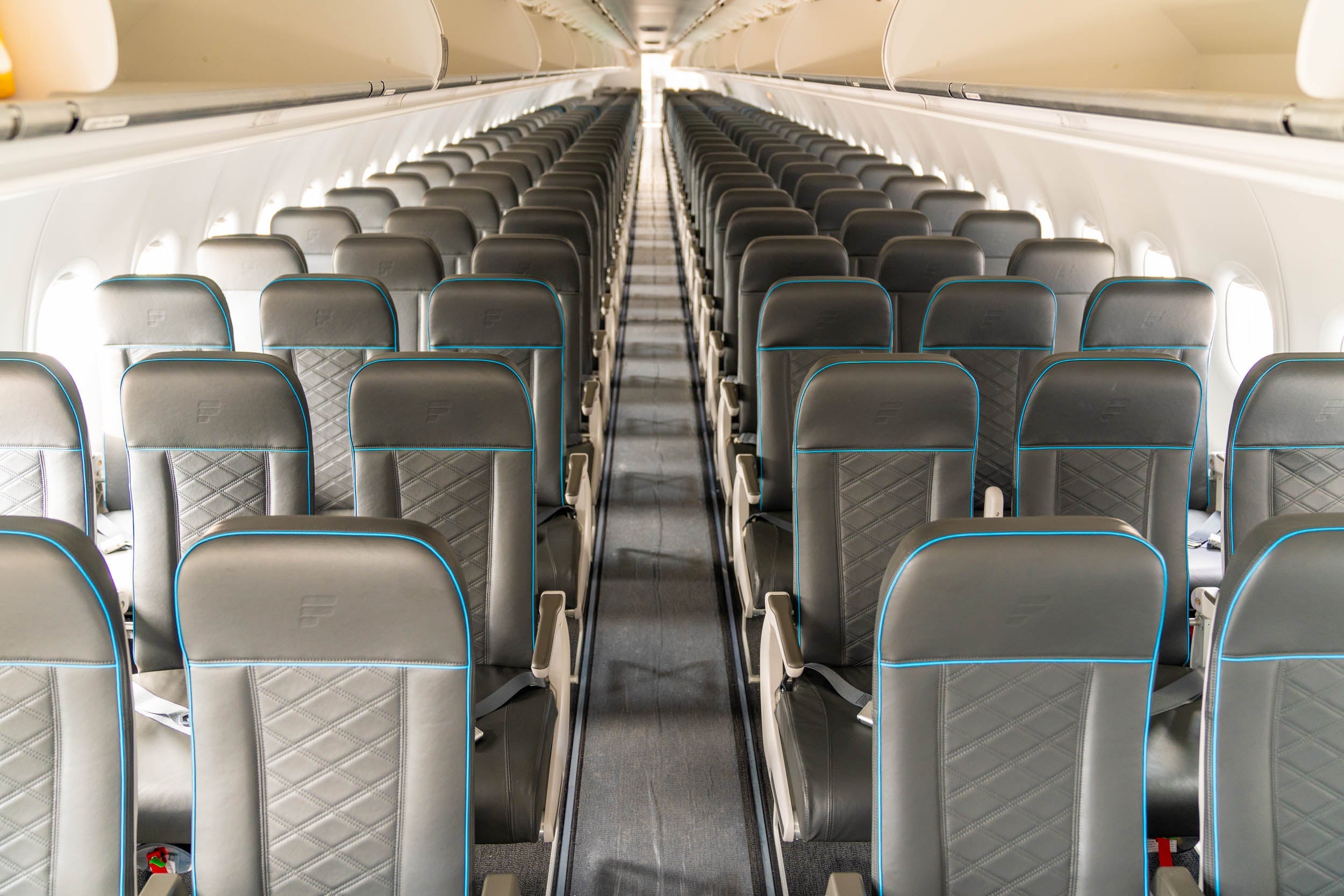 The interior of a Frontier Airlines Airbus A321neo