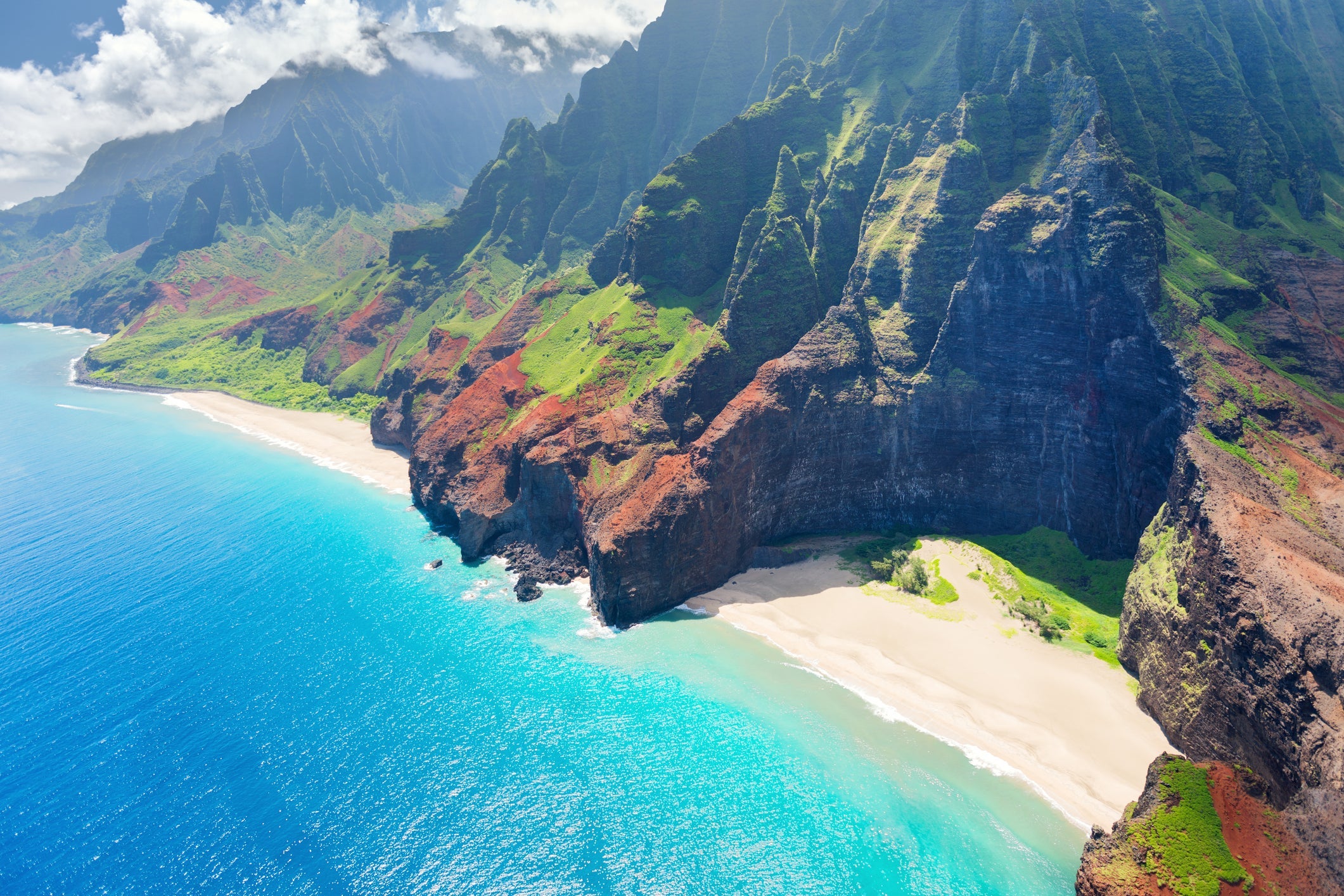 Stunning aerial view of Na Pali coast in Kauai Island