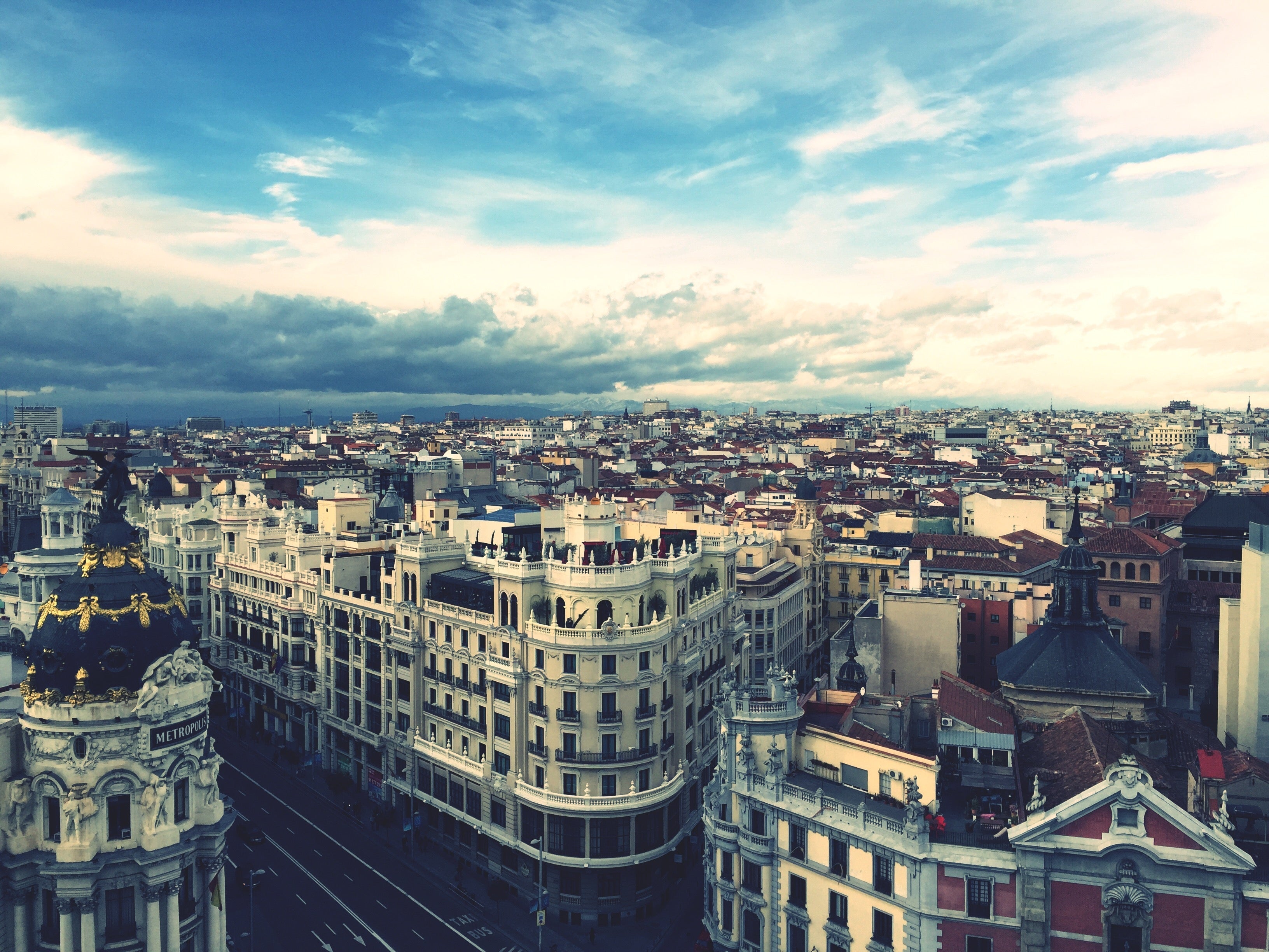 High Angle View Of Cityscape Against Cloudy Sky