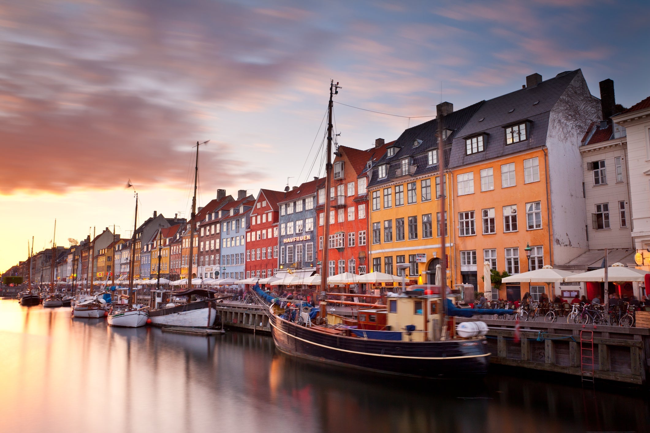 Sunset on Nyhavn Canal, Copenhagen, Denmark.