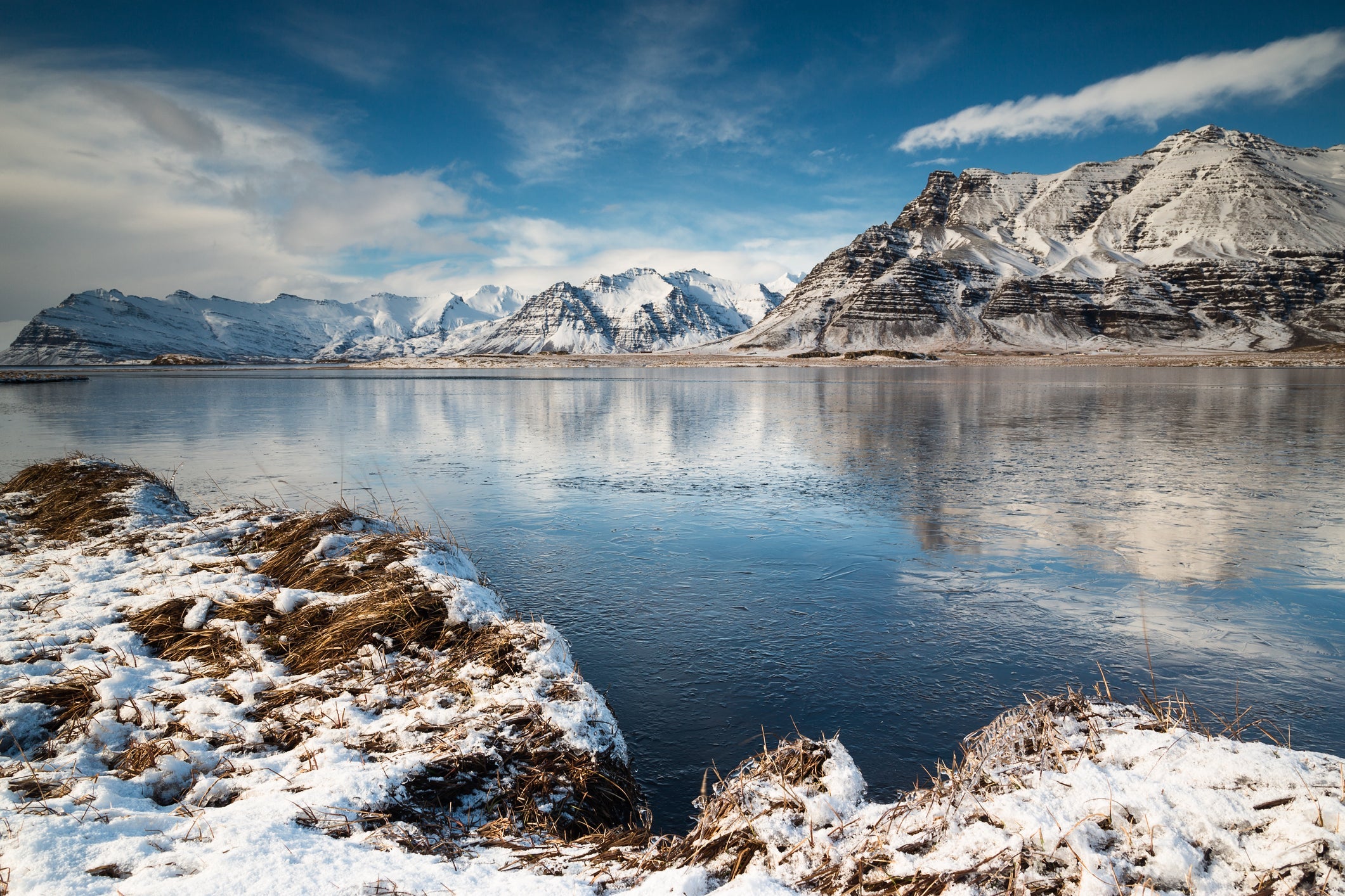 Iceland, Winter lake and mountains