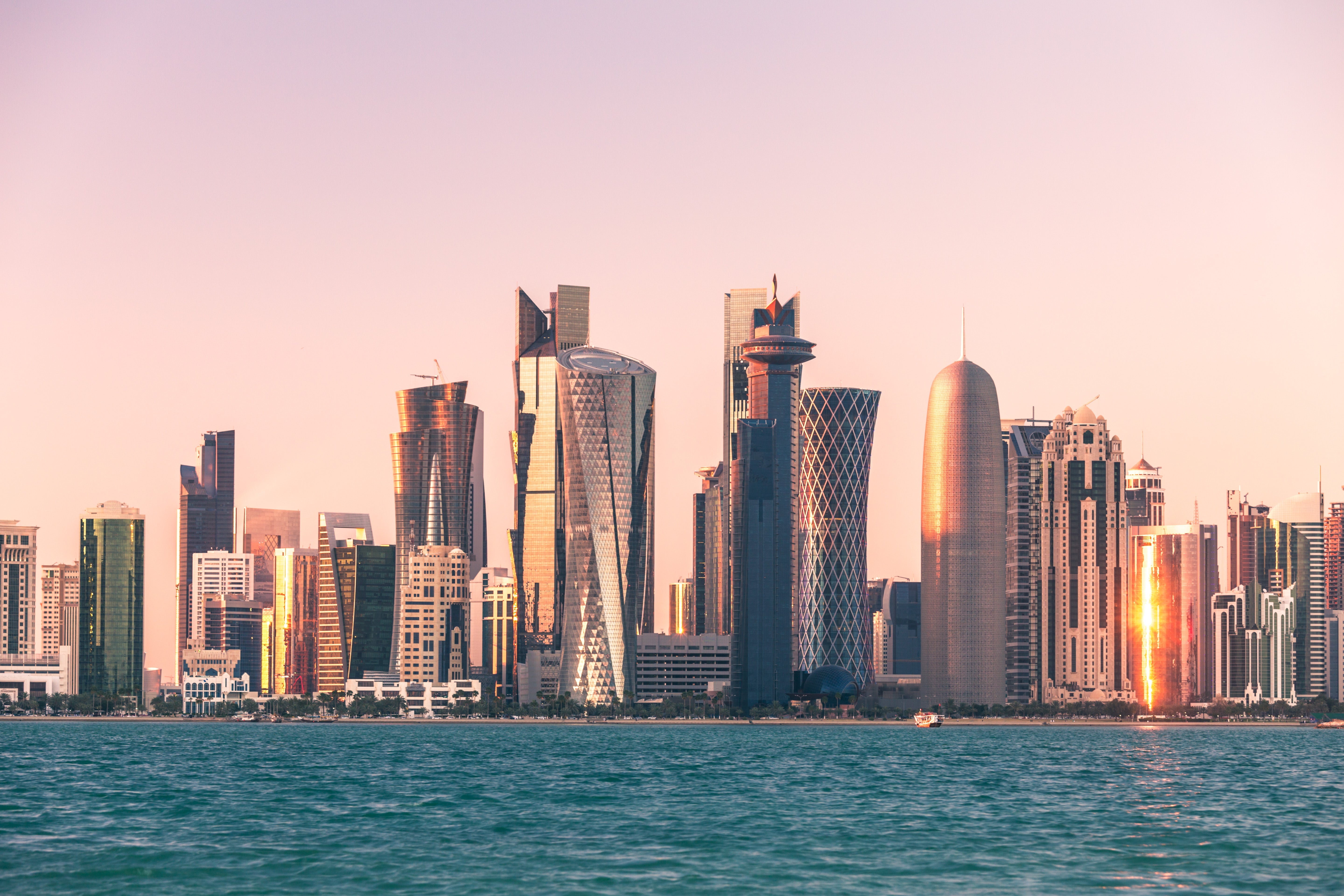 Doha financial center skyline at sunset, Qatar