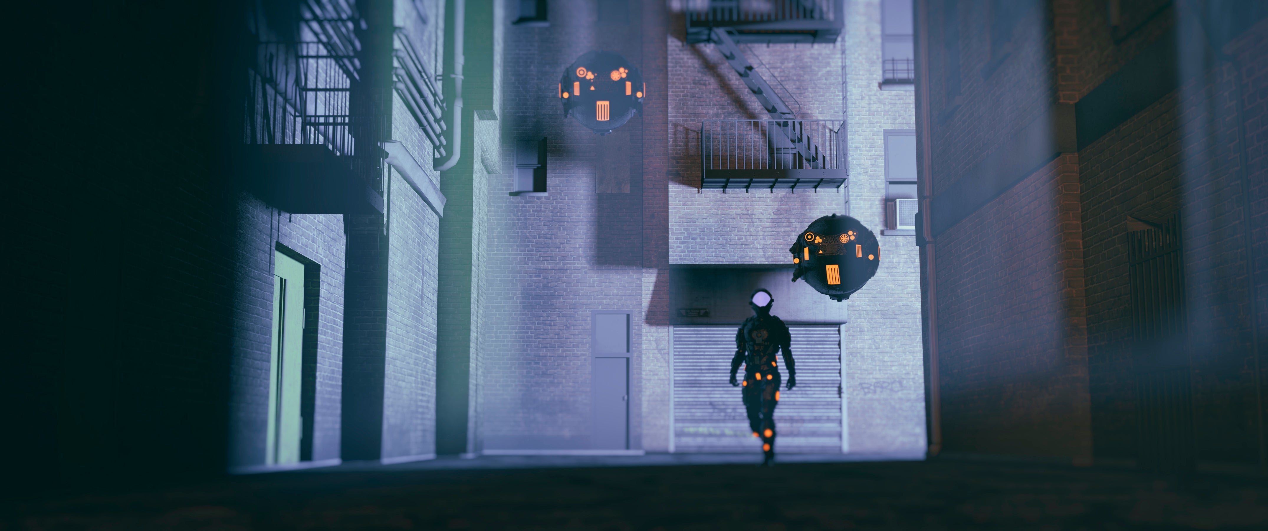 Robot police with drones patrolling the streets at night