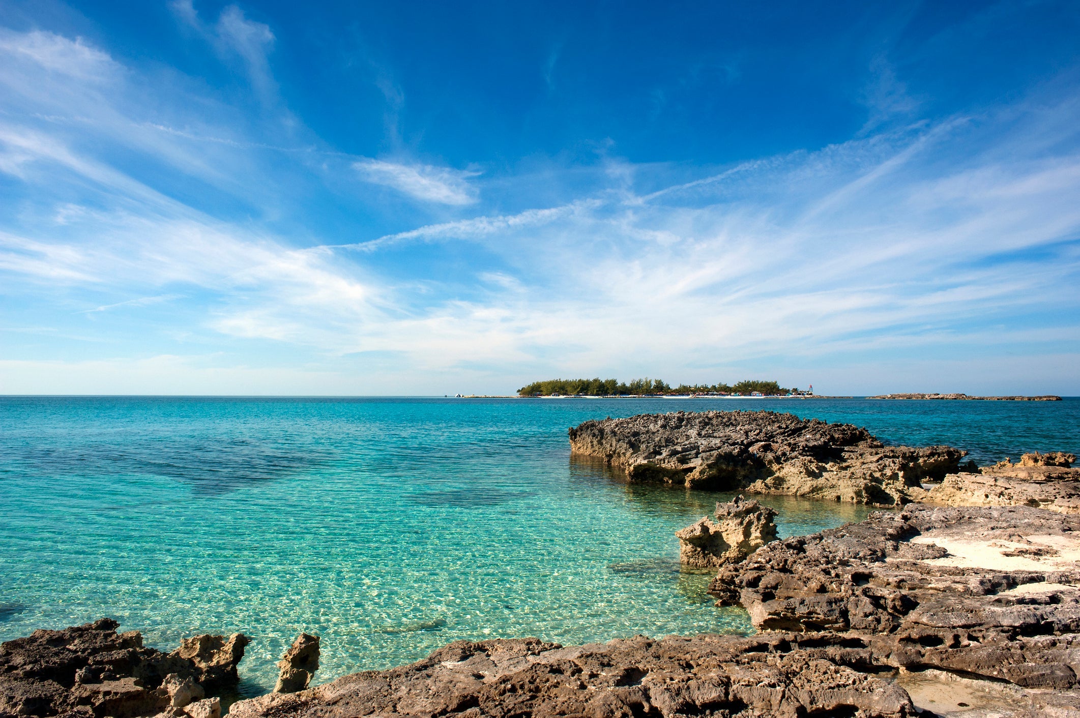 Azure blue ocean with rocks. Bahamas