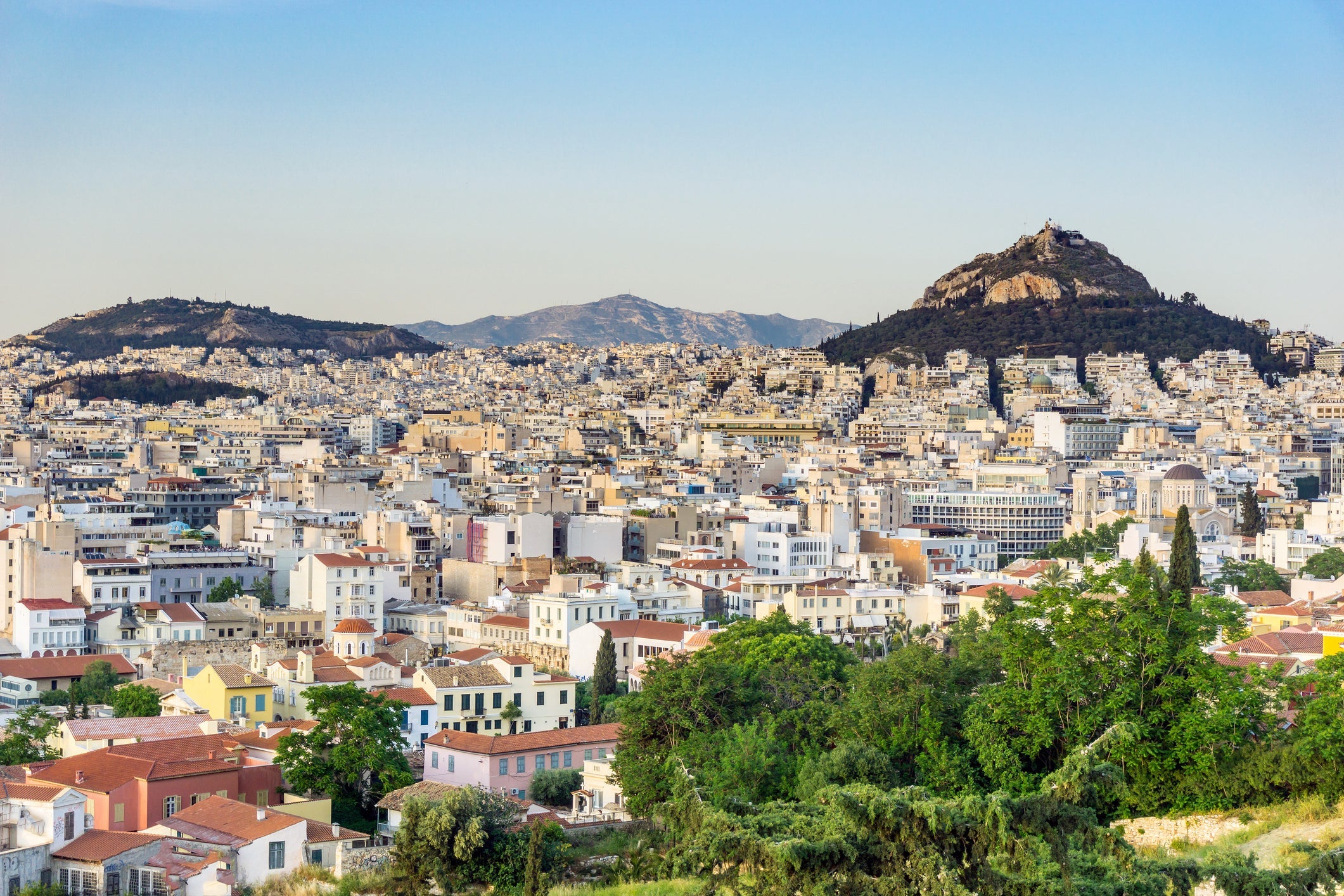 View Of Town Against Clear Sky