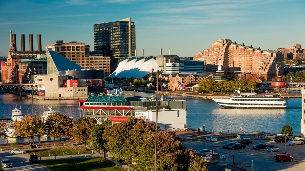 Panoramic view of Baltimore Inner Harbor, Maryland, shot from Federal Park Hill