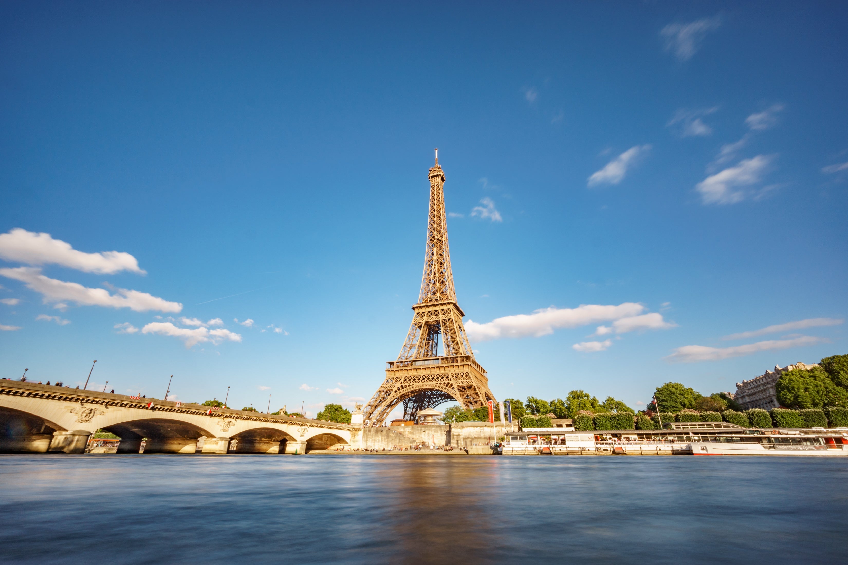 The Eiffel Tower and Seine River wide angle in Paris