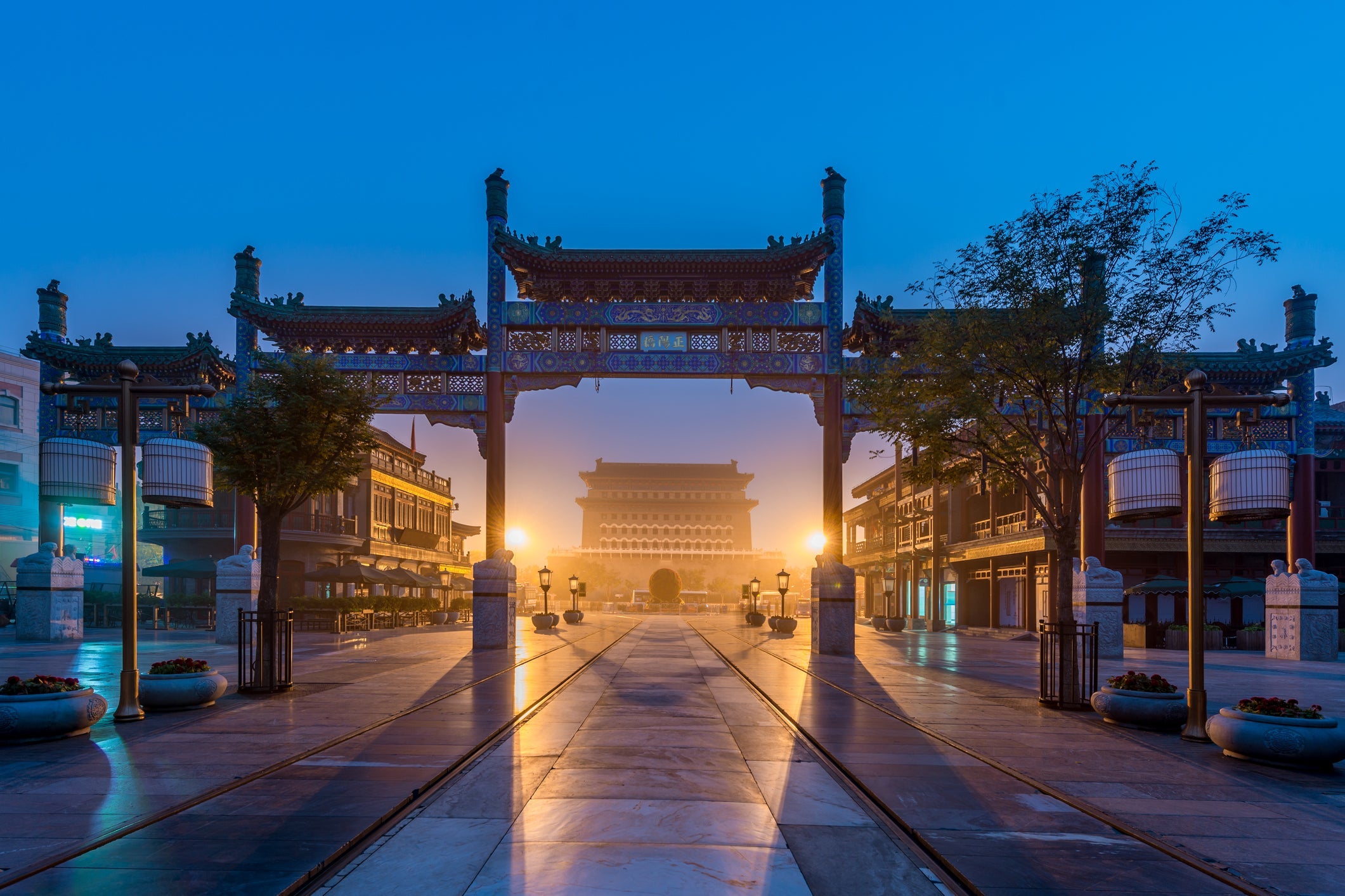 Beijing Zhengyang gate Jianlou at night in Qianmen street in Beijing city, China.