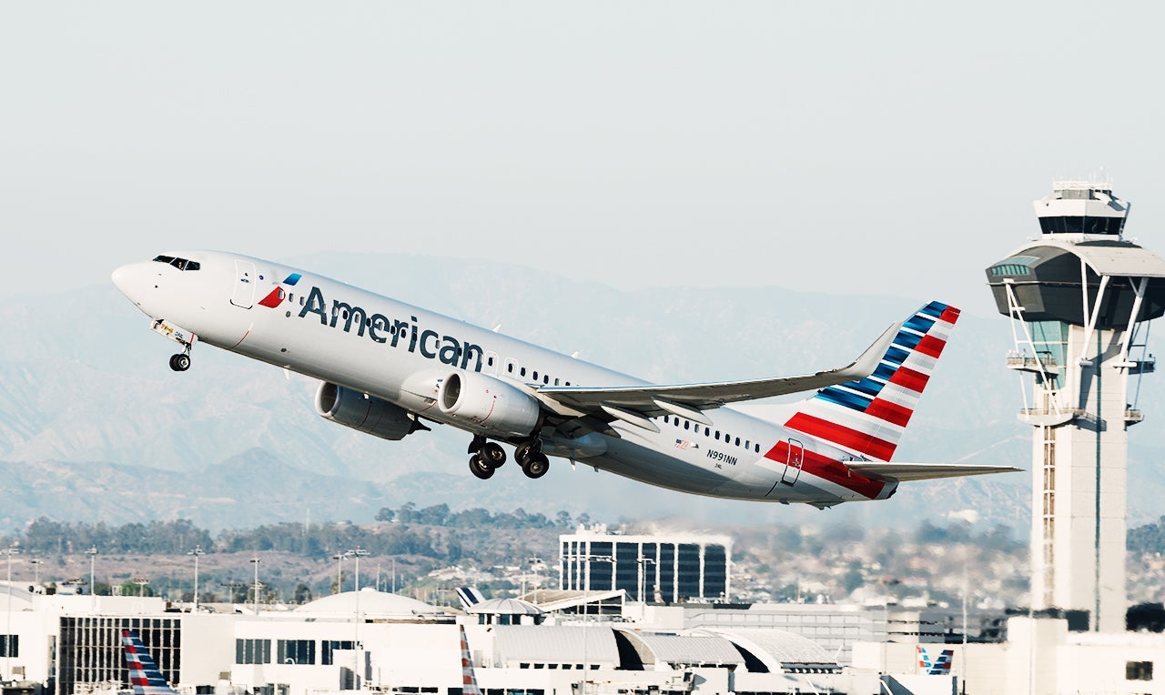 american airlines plane American Airlines Boeing 737 shown taking off from the Los Angeles International airport LAX