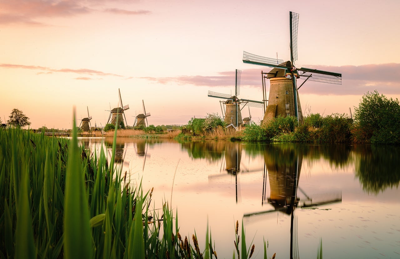 Traditional Dutch windmills at sunrise