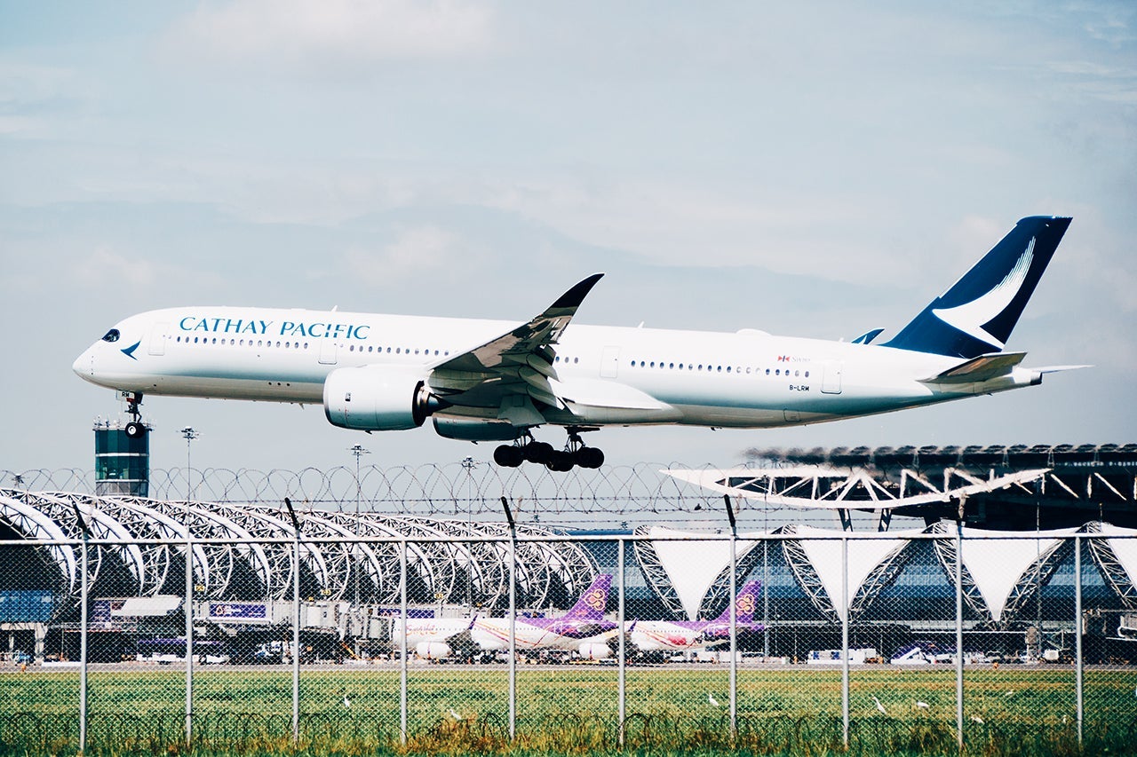 Airbus A350-900 of Cathay Pacific (a member of Oneworld) as seen landing at Suvarnabhumi Airport