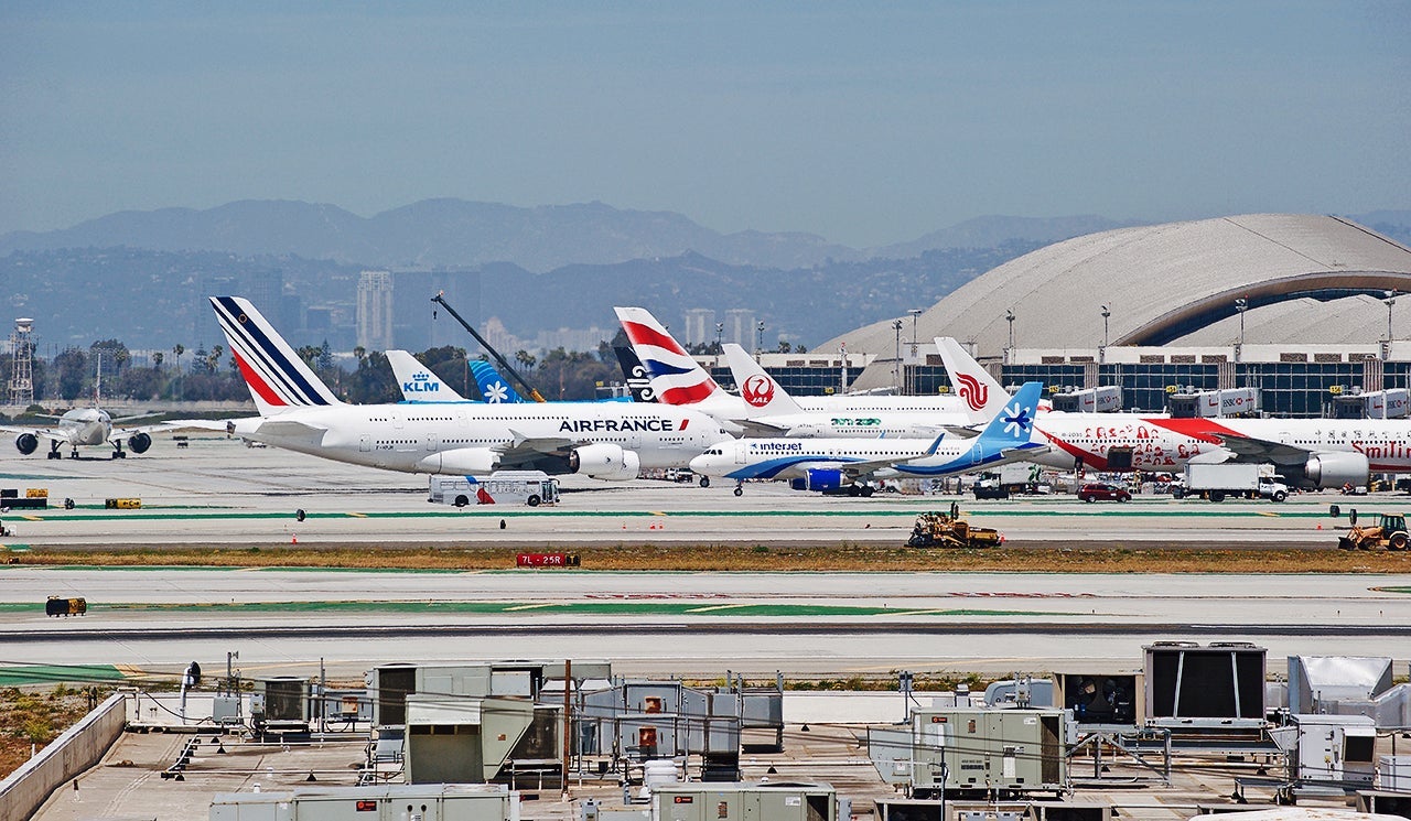 Air France Airbus A380 aircraft taxiing along the taxiway upon arrival at Los Angeles International Airport