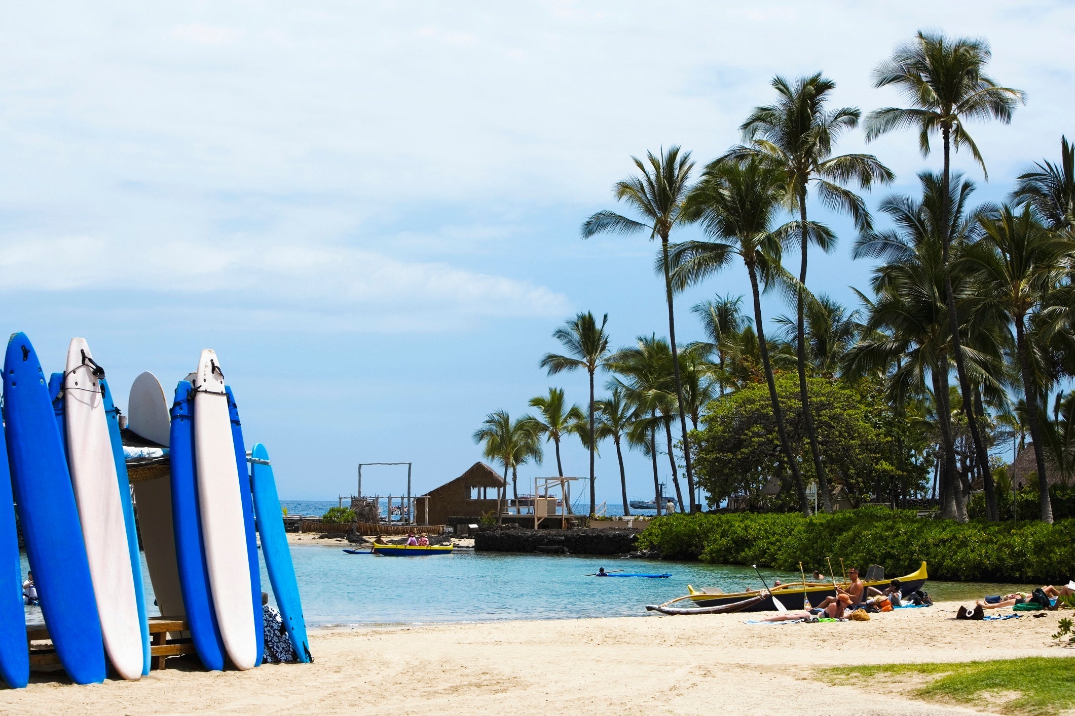 Surfboards on the beach, Kona, Big Island, Hawaii Islands, USA