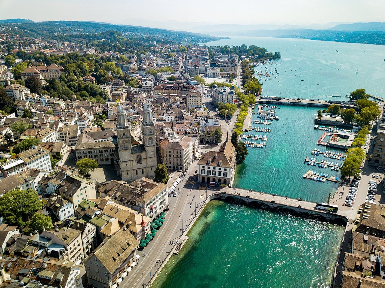 Aerial view of Grossmünster cathedral in Zürich, Switzerland