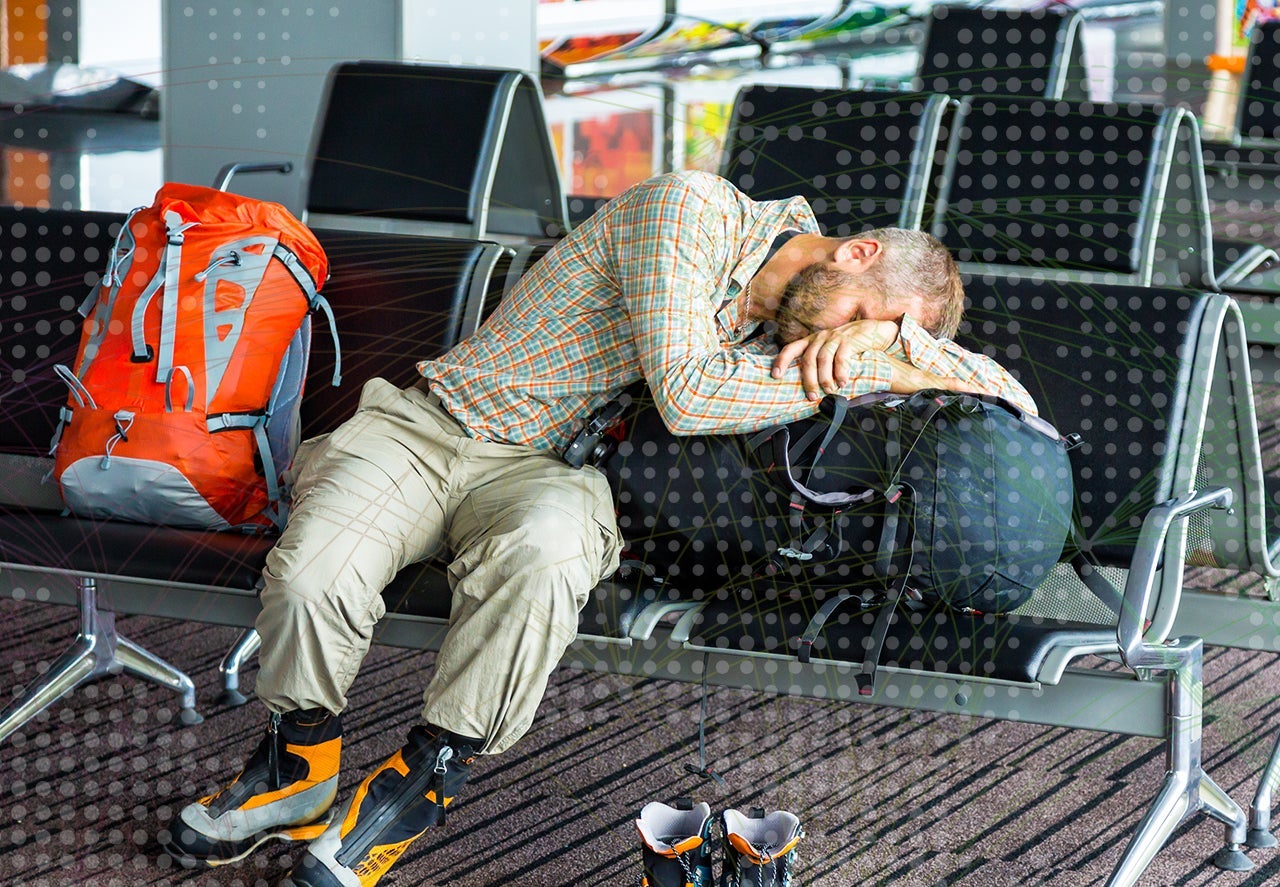 Sleeping man inside transport terminal