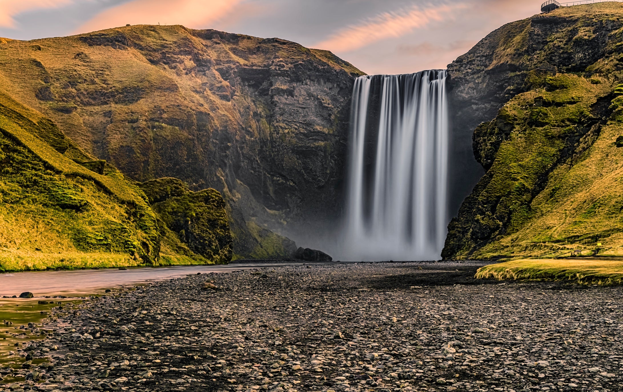 Majestic Of Skogafoss Waterfall In The Morning Sunrise
