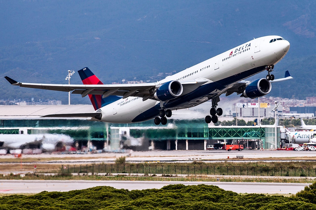 Delta Air Lines Airbus A330-300 taking off from El Prat Airport in Barcelona Spain