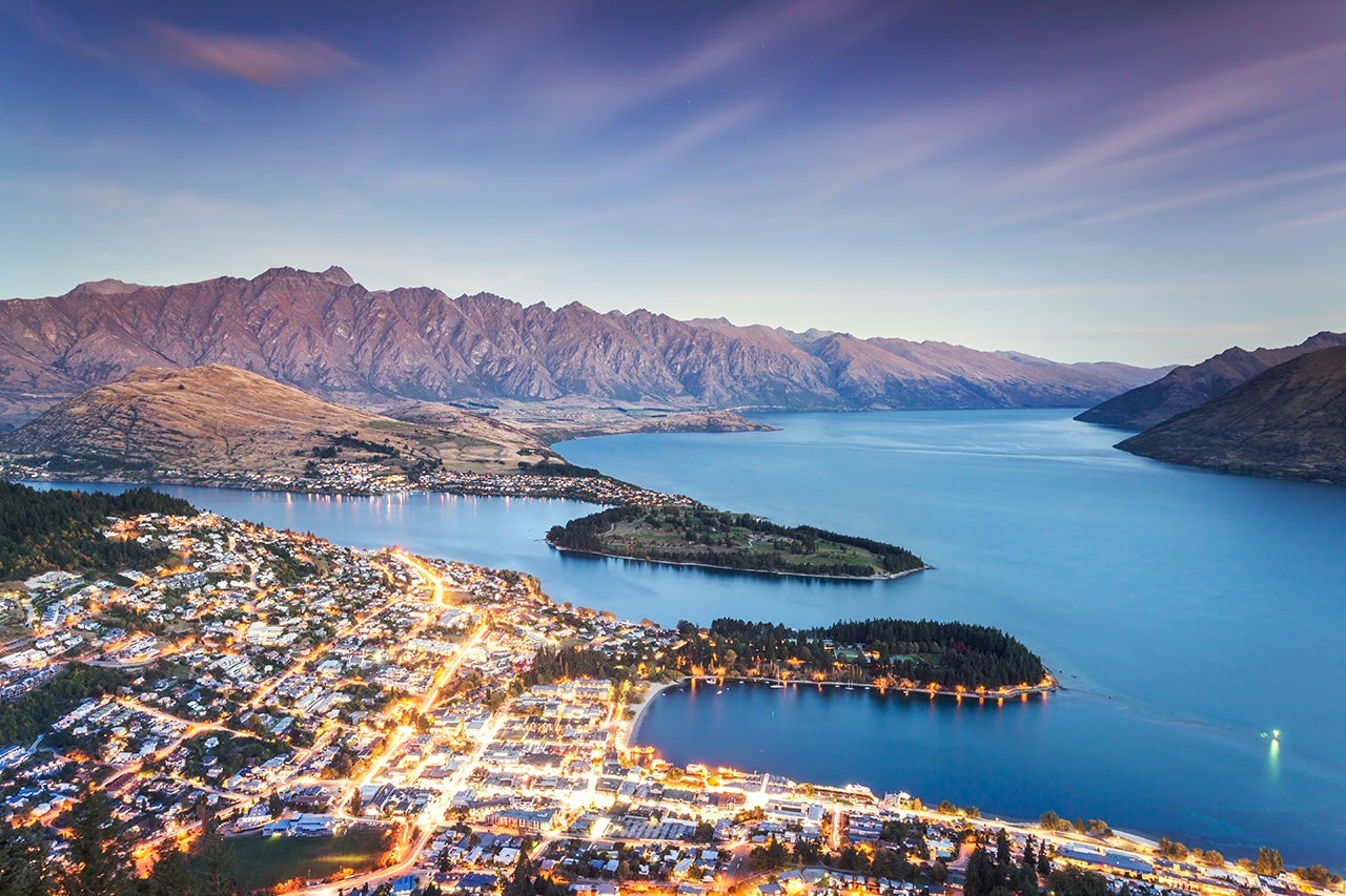 Iconic Queenstown cityscape at dusk, New Zealand