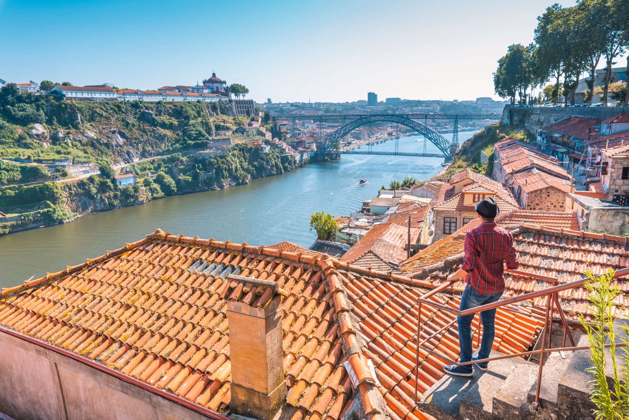 Tourist admiring Porto and Dom Luis I bridge