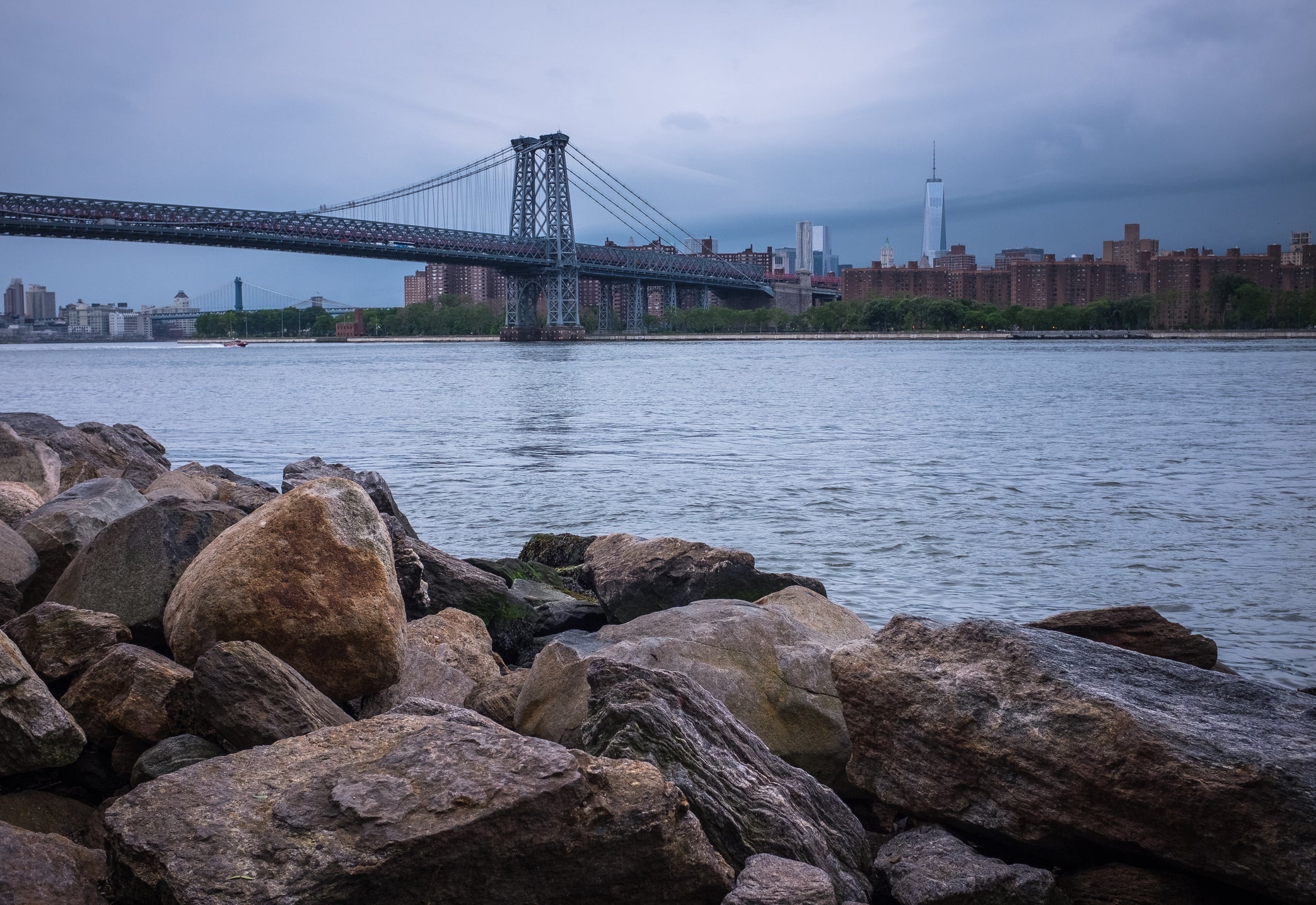 The Williamsburg Bridge seen from the waterfront in Brooklyn, New York