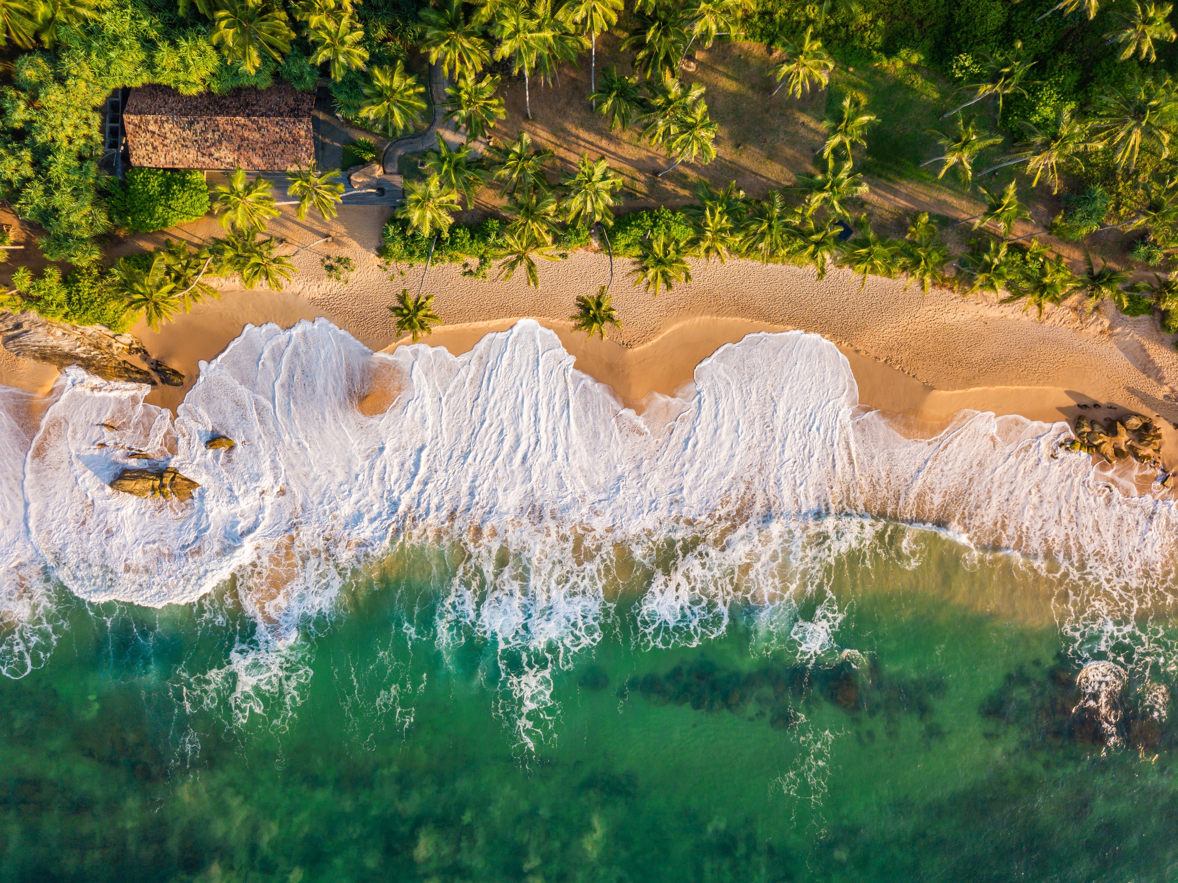 Sandy beach at sunset. Sri Lanka, Aerial view
