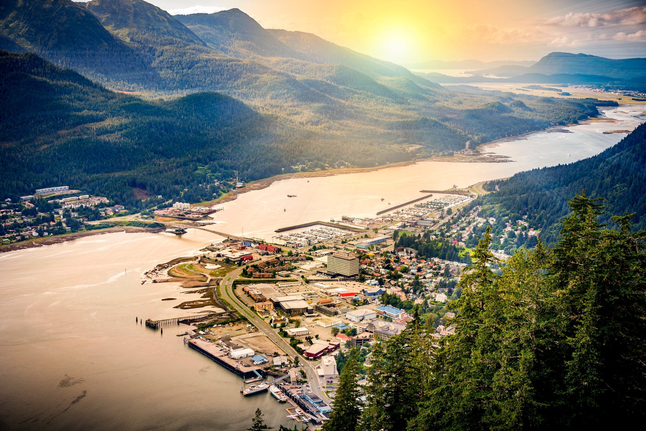 Juneau, Alaska with landscape view of mountains and the city