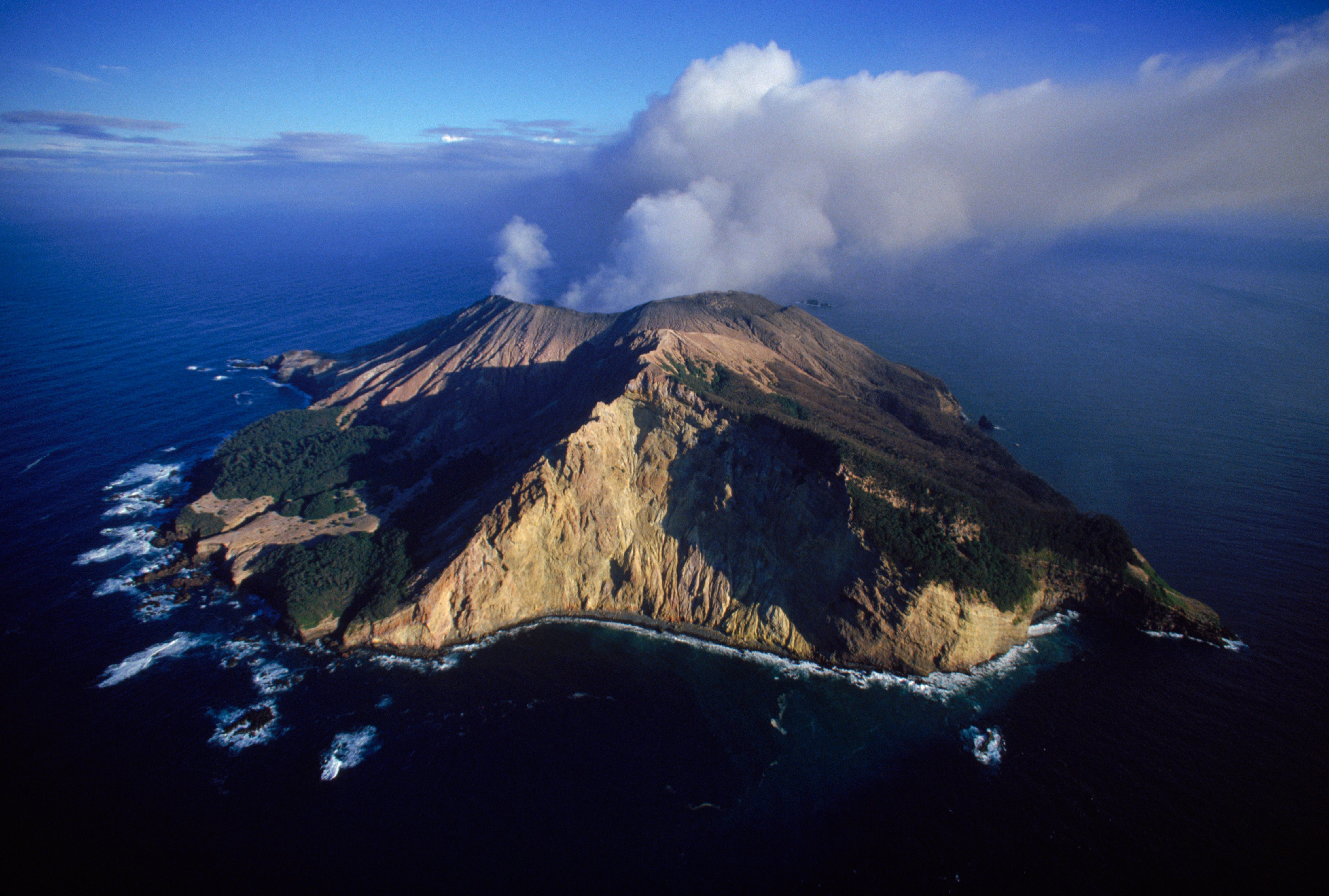 High angle view of White Island Volcano off North Coast of New Zealand.