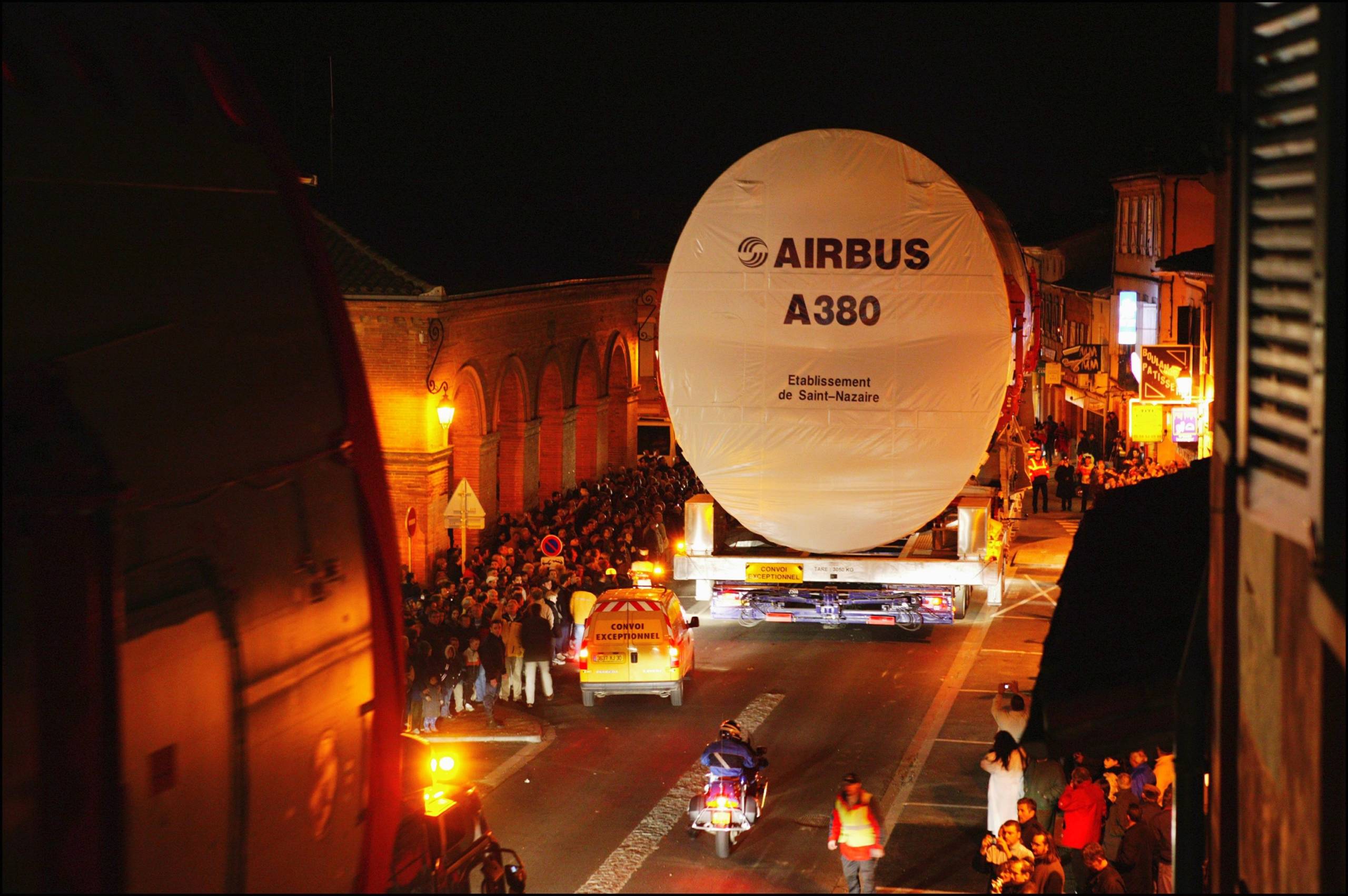 Oversized "ITGG" convoy route is designed to carry large A380 elements threatens the village in Levignac, France in Avril, 2004.