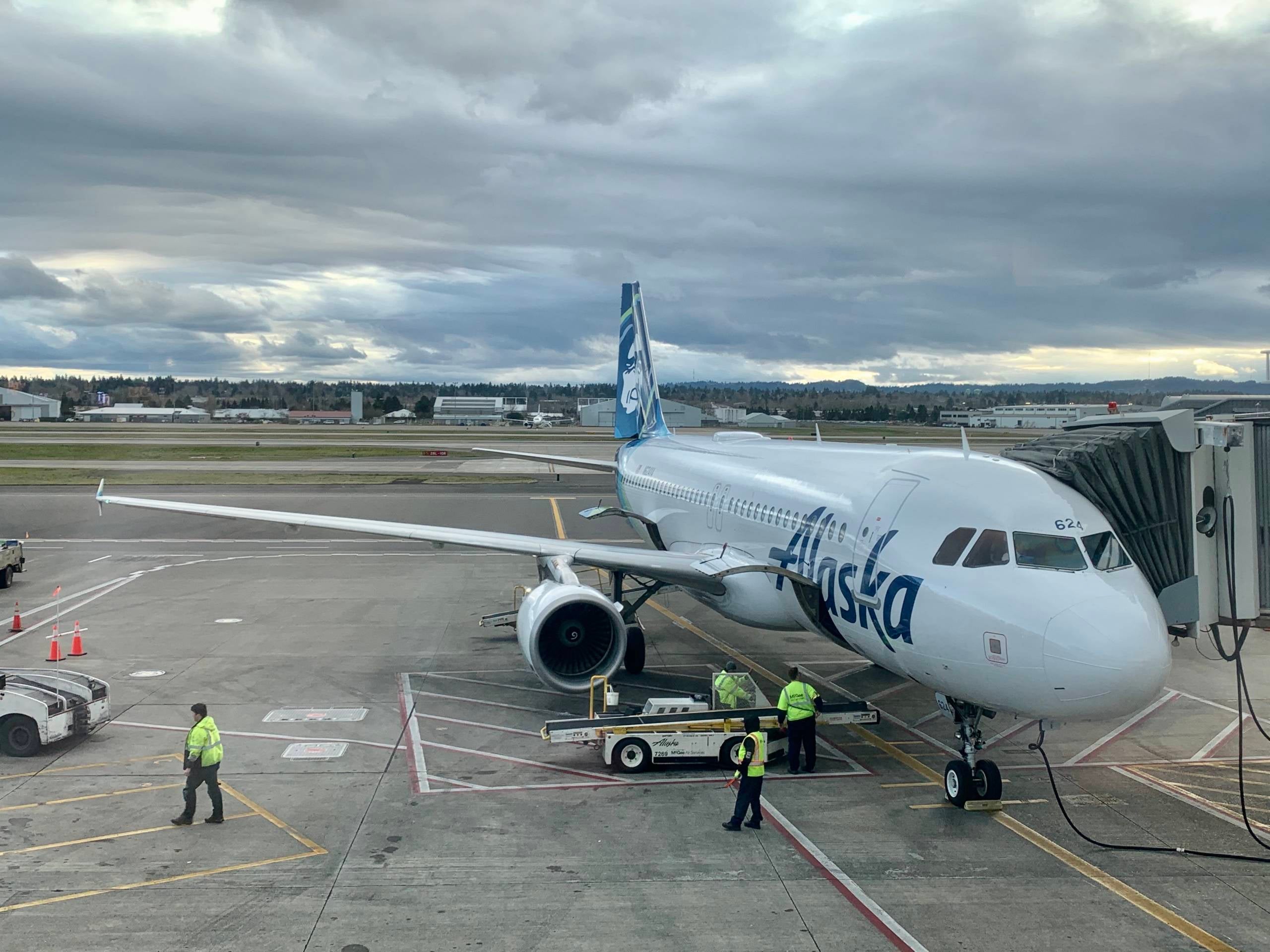 Alaska Airlines jet at gates at Portland Airport (PDX) on Feb. 28, 2020.