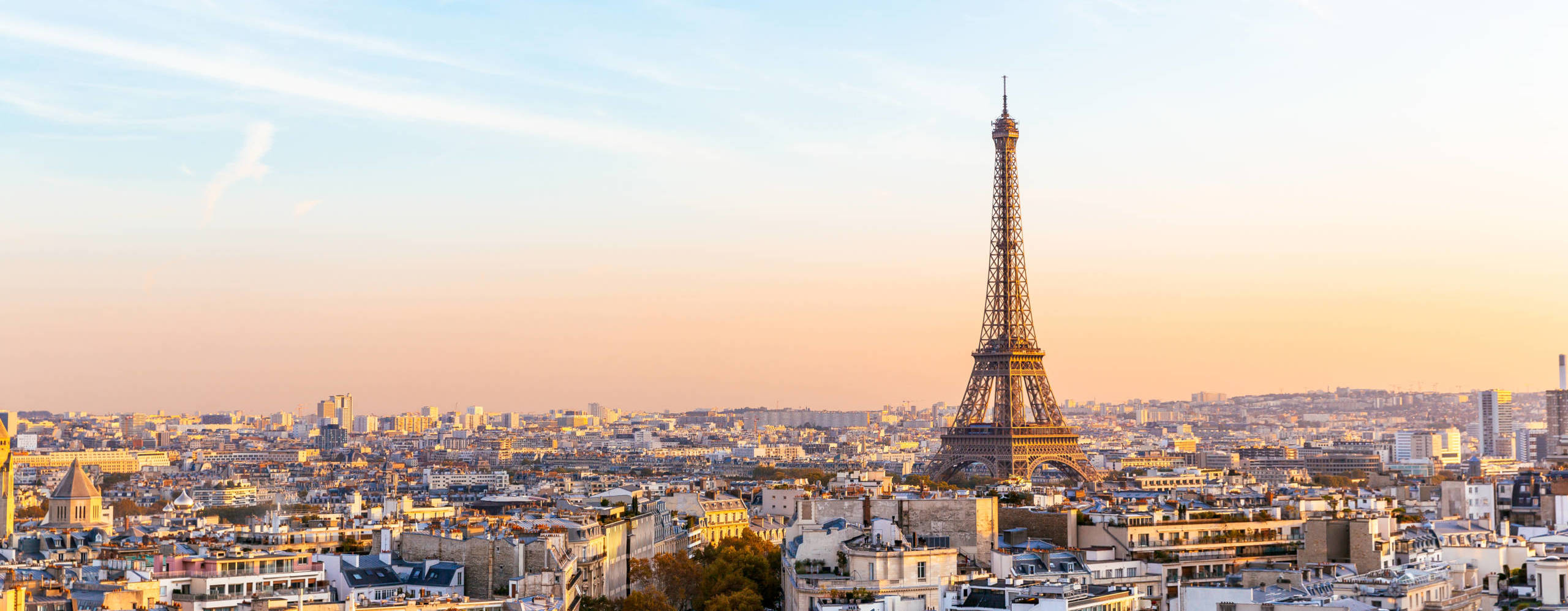 Paris cityscape with Eiffel Tower at sunset, Ile-de-France, France