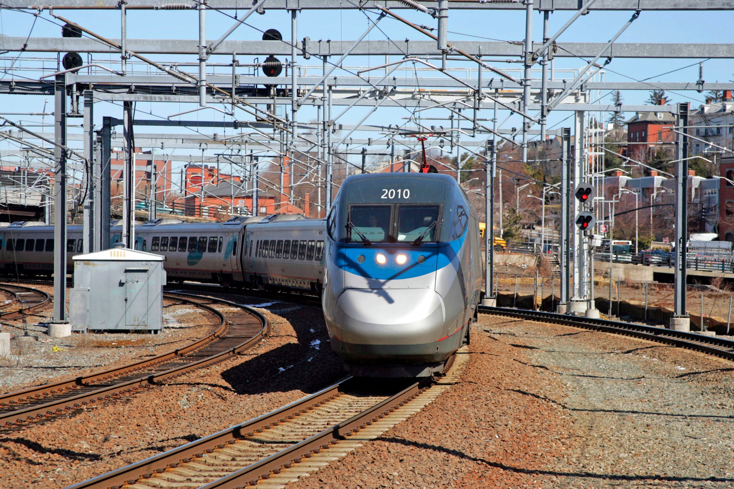 Hi-Speed Acela Express train on railroad tracks Providence RI USA