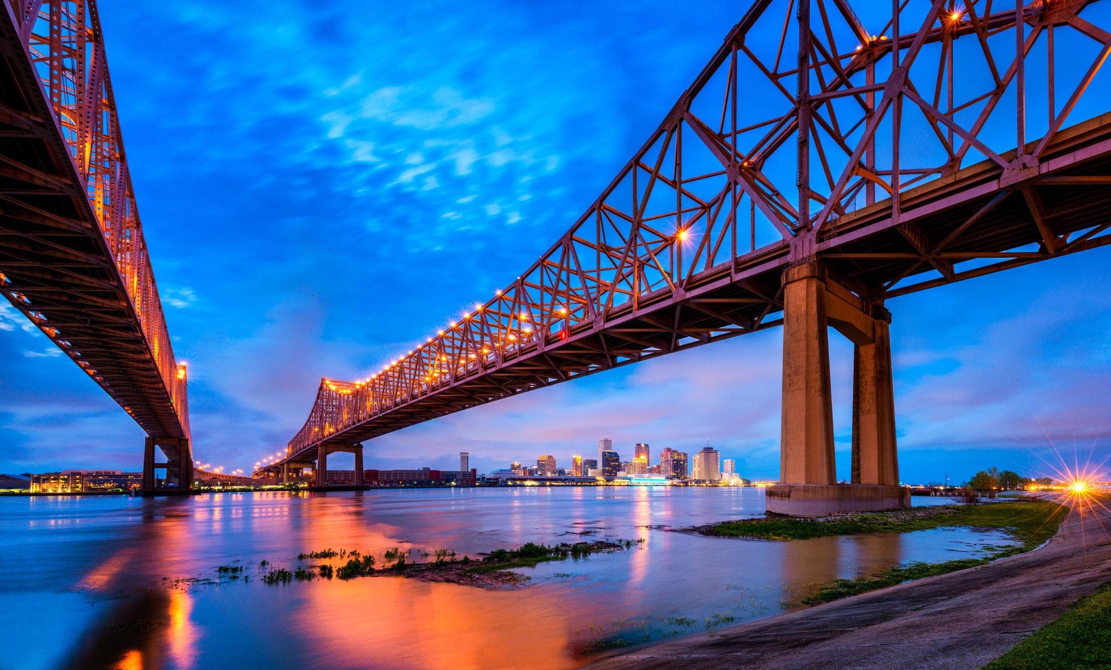 Skyline of New Orleans with Mississippi River at Dusk