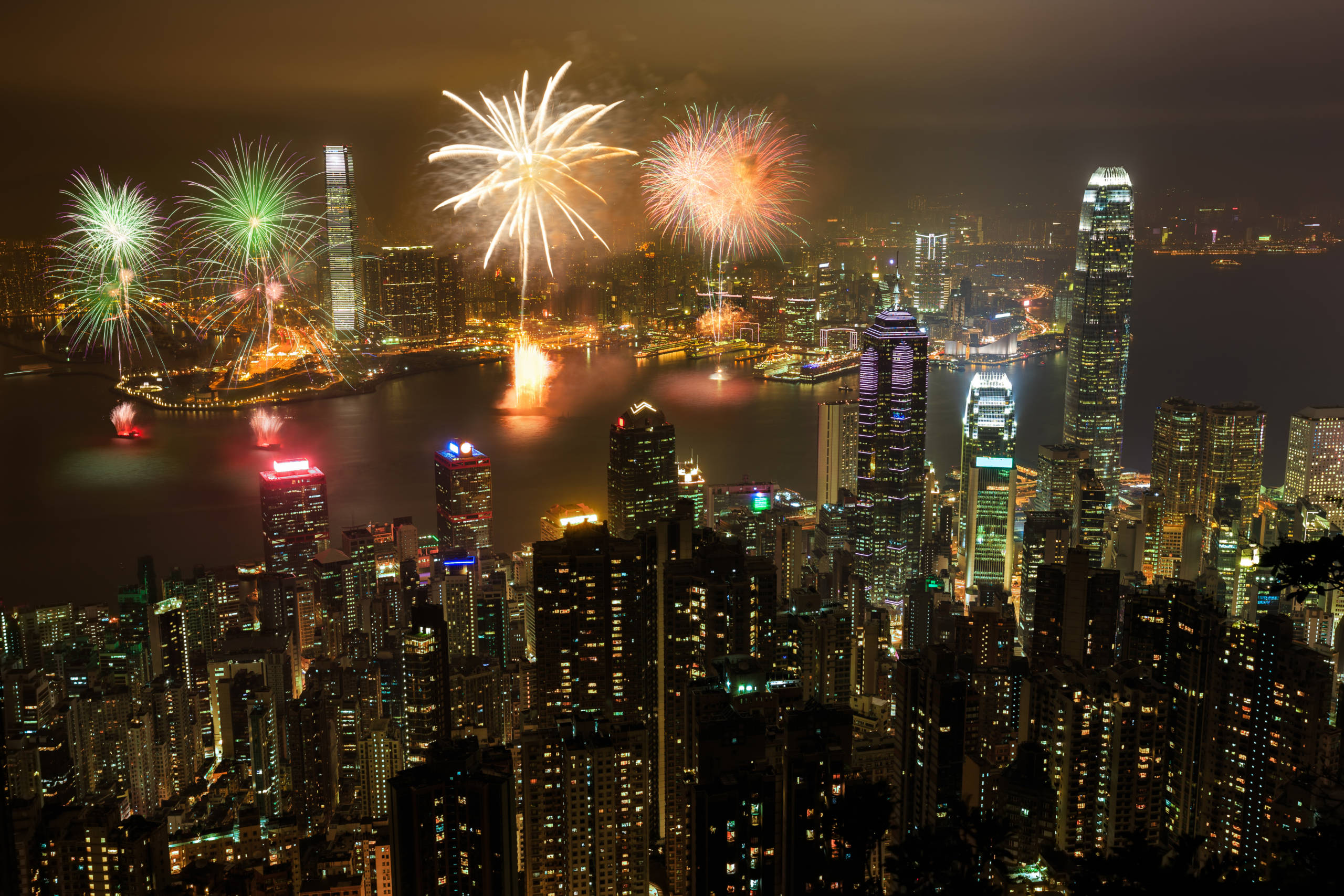 Fireworks Victoria Harbor Victoria Peak Hong Kong shutterstock_357290231