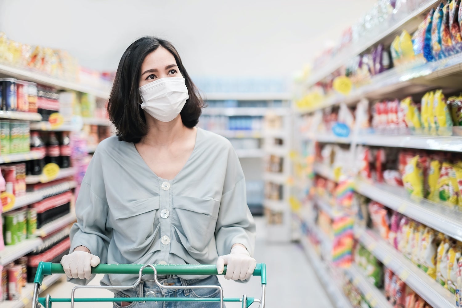 Woman Grocery Shopping with Mask On