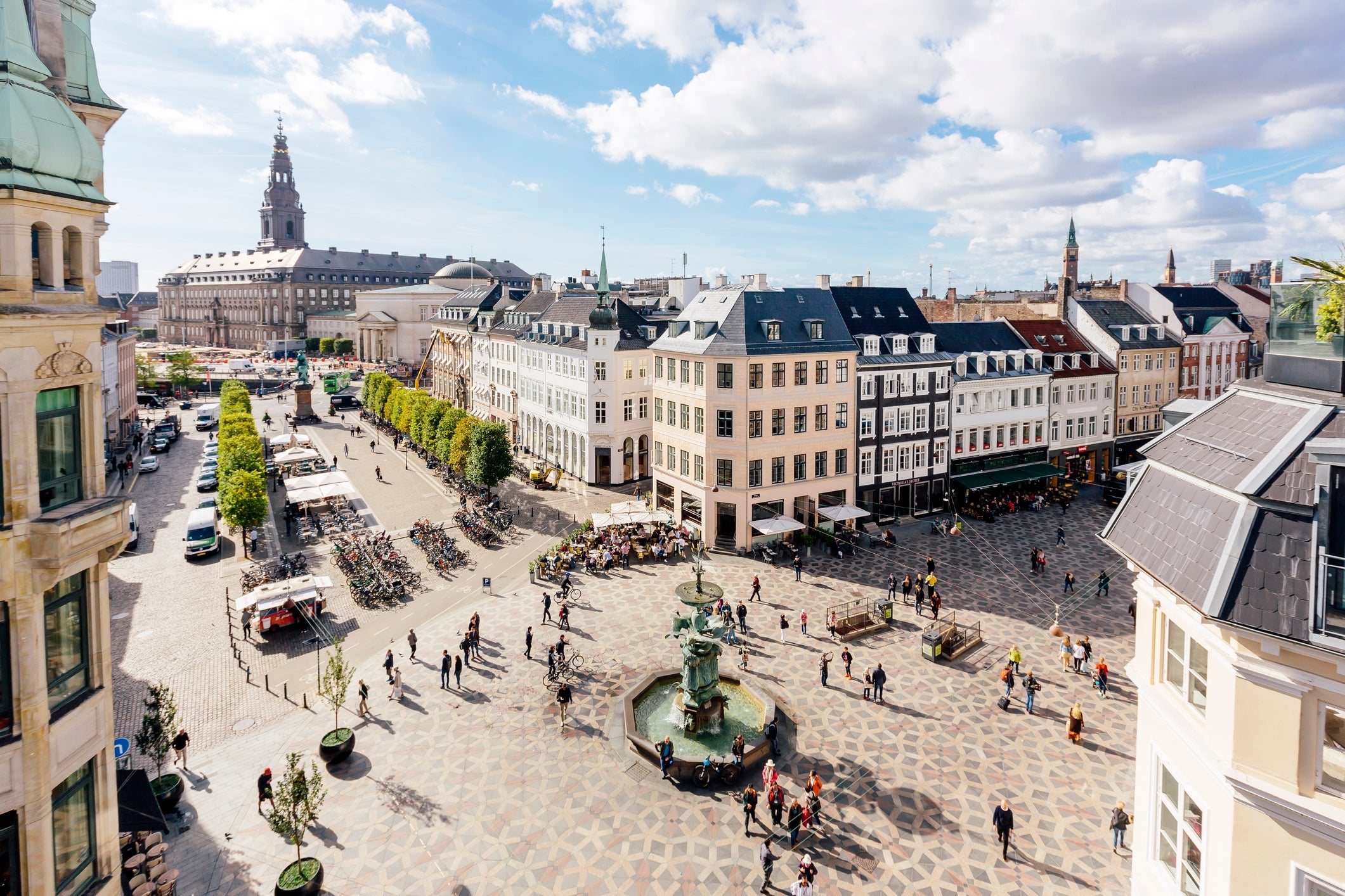 Aerial view of Copenhagen skyline and Amagertorv town square with fountain, Denmark