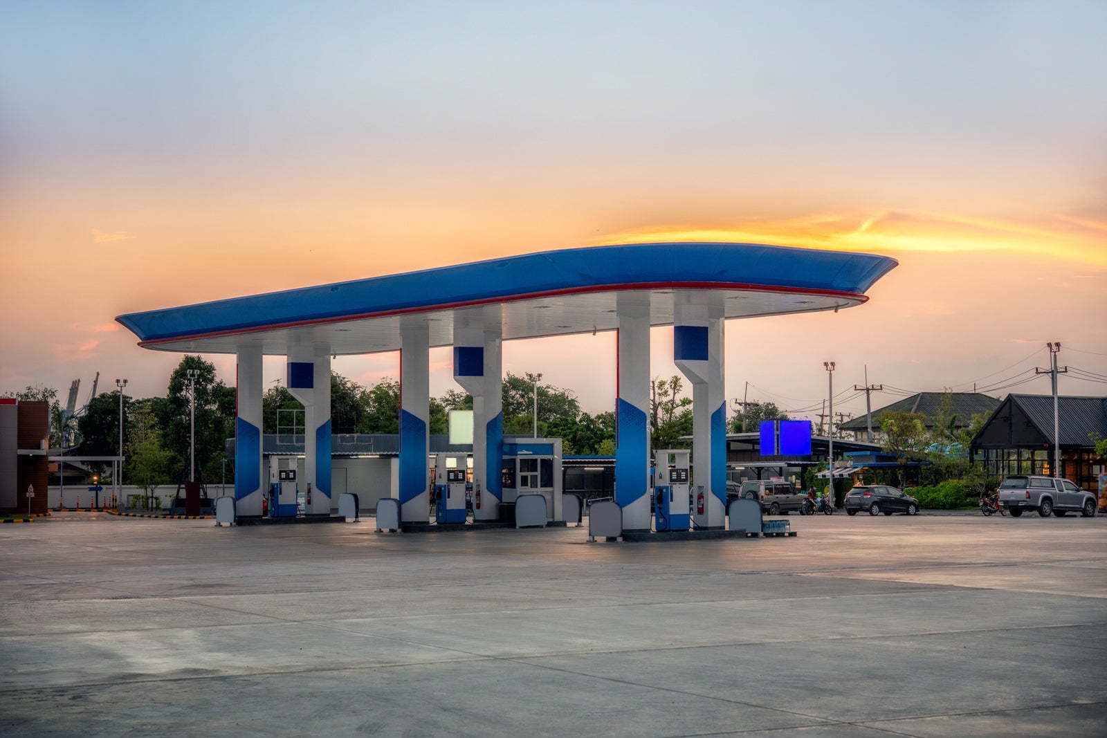 Gas station at sunset.