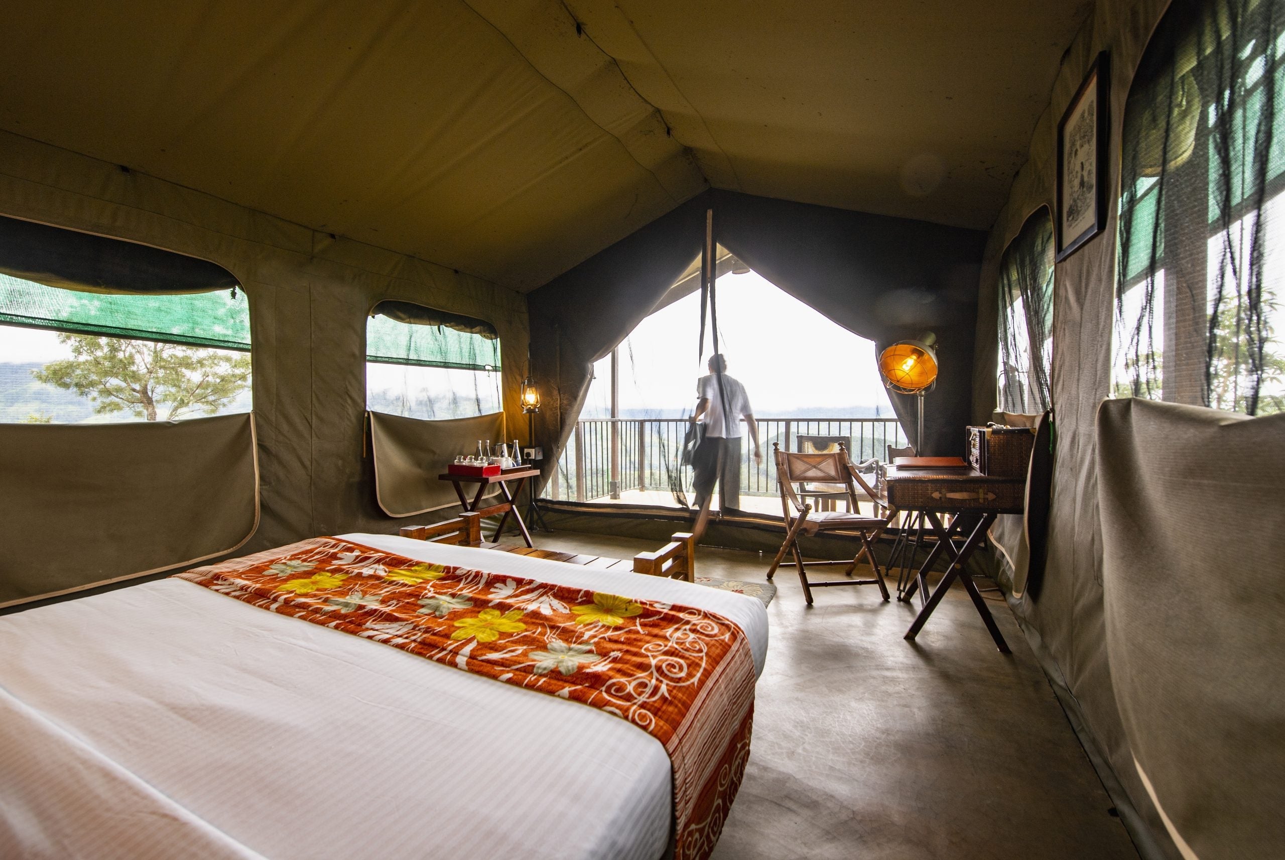 bedroom inside of a luxury camp on the Sri Lankan highlands