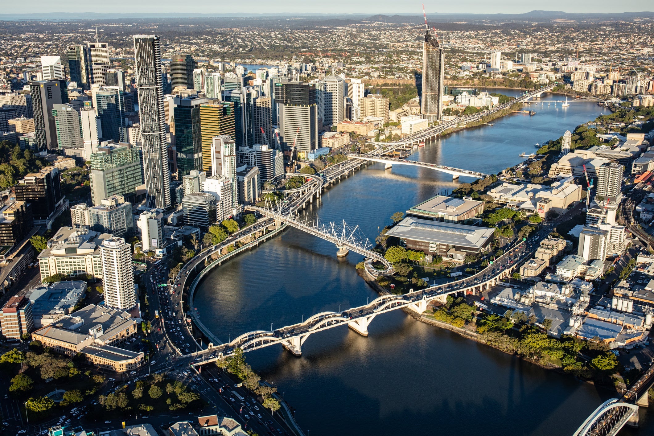 A view of Brisbane city from a helicopter