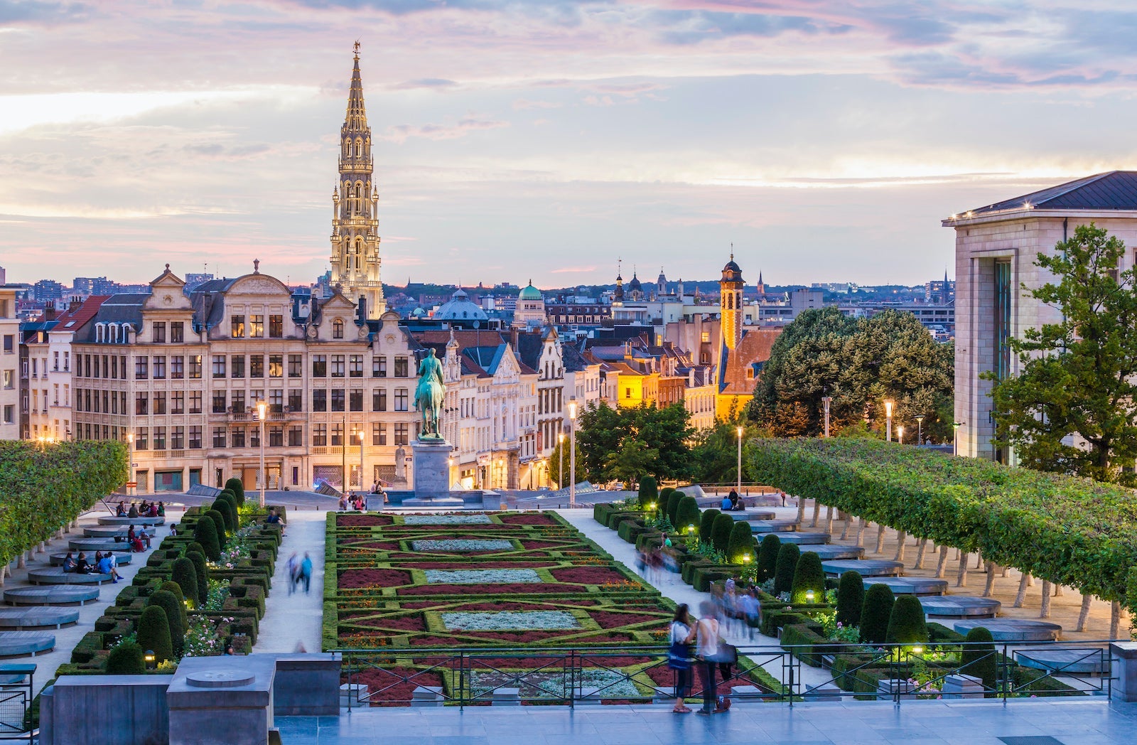 Belgium, Brussels, Mont des Arts, park and townhall tower, lower city in the evening